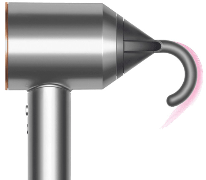 Close-up of a silver hair dryer with a curved nozzle.