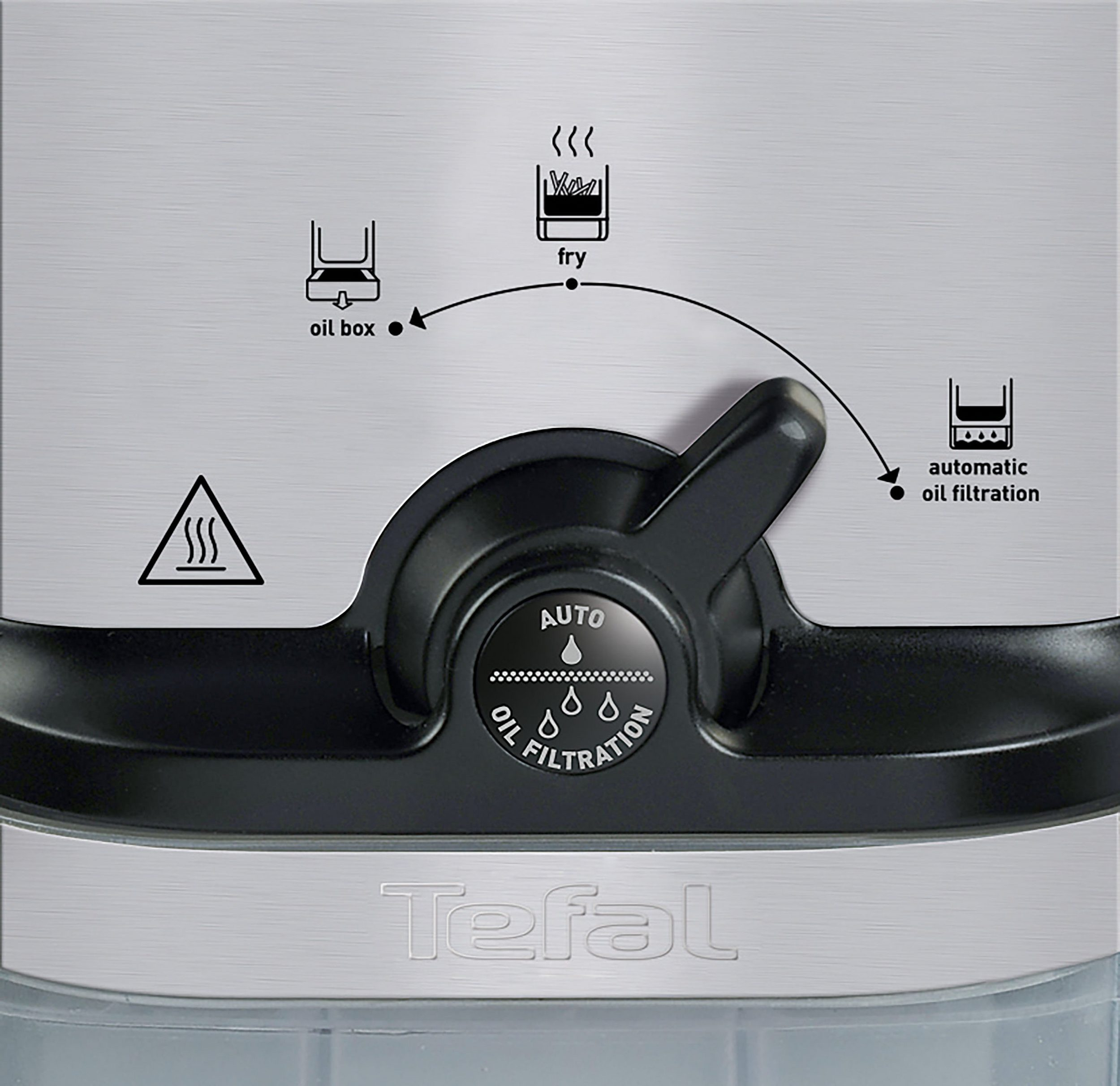 Panneau de contrôle de la friteuse : bac à huile, réglage de la friture et filtration automatique, logo Tefal.
