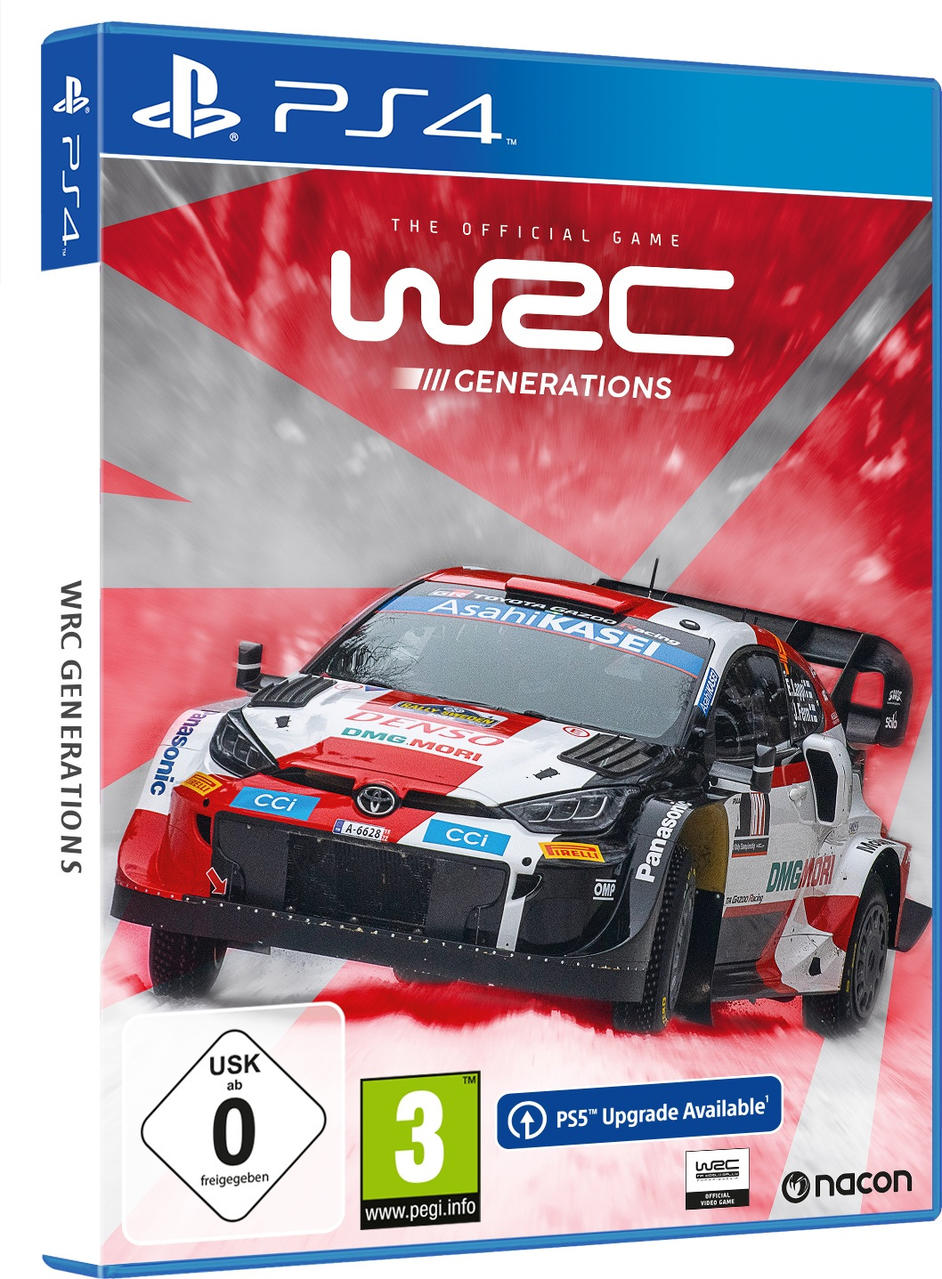 PS4-Spielbox für WRC Generations. Enthält ein Rallyeauto auf dem Cover mit schneebedecktem Hintergrund.