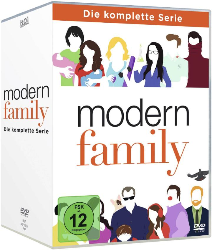 Modern Family DVD-Boxset. Weiße Box mit Silhouetten. FSK-Rating auf der Vorderseite.