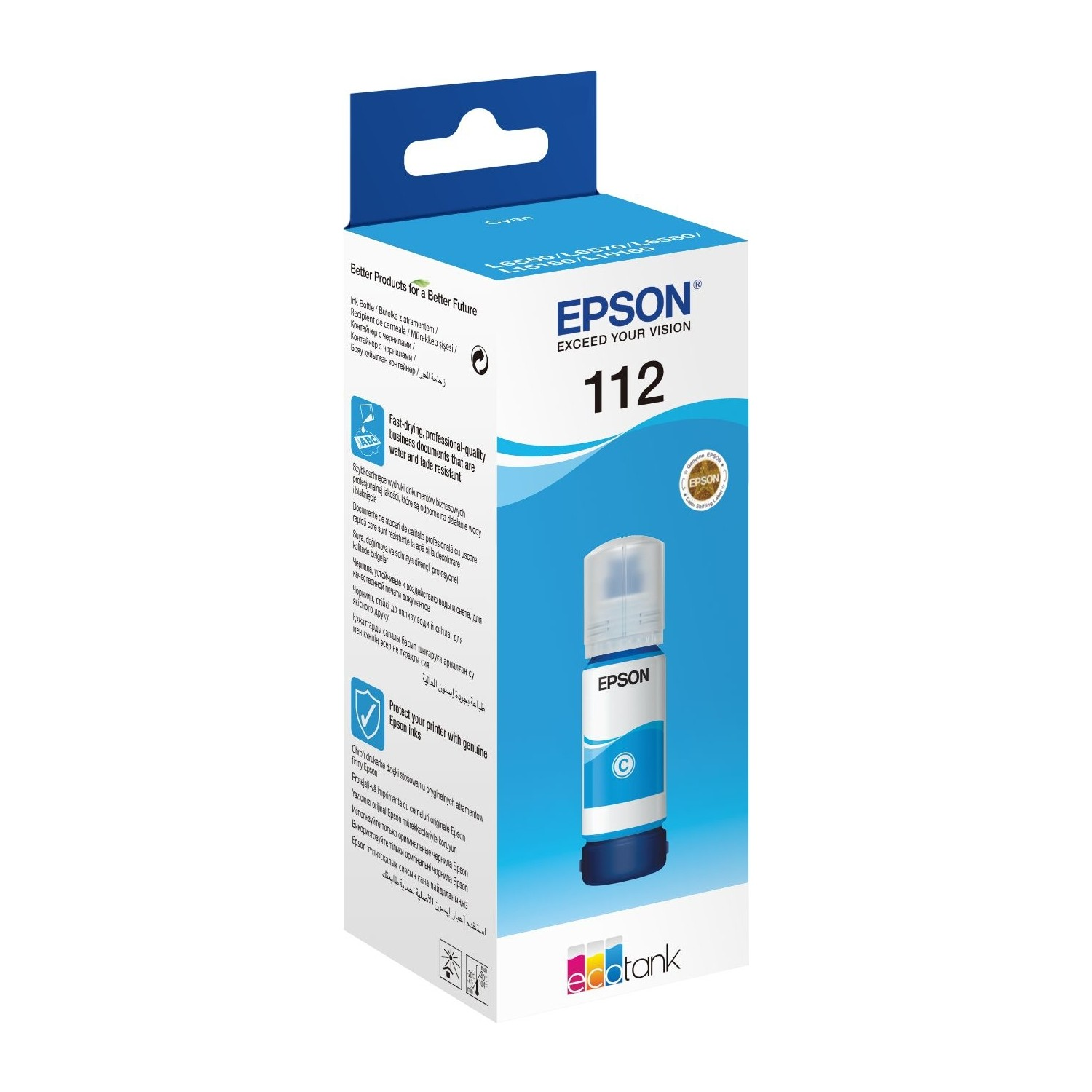 Epson mürekkep şişesi ve kutusu. Mavi mürekkep şişesi ve metin ve resimlerle dolu kutu. Beyaz arka plan.