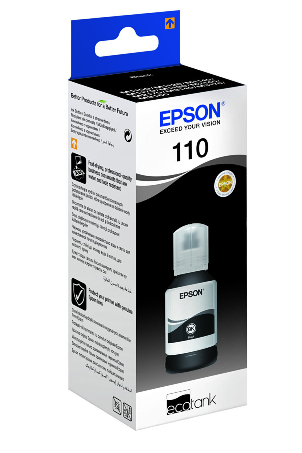 Epson mürekkep kartuşu kutusu. Kutu, içinde siyah bir mürekkep kartuşu bulunan beyaz ve mavidir.