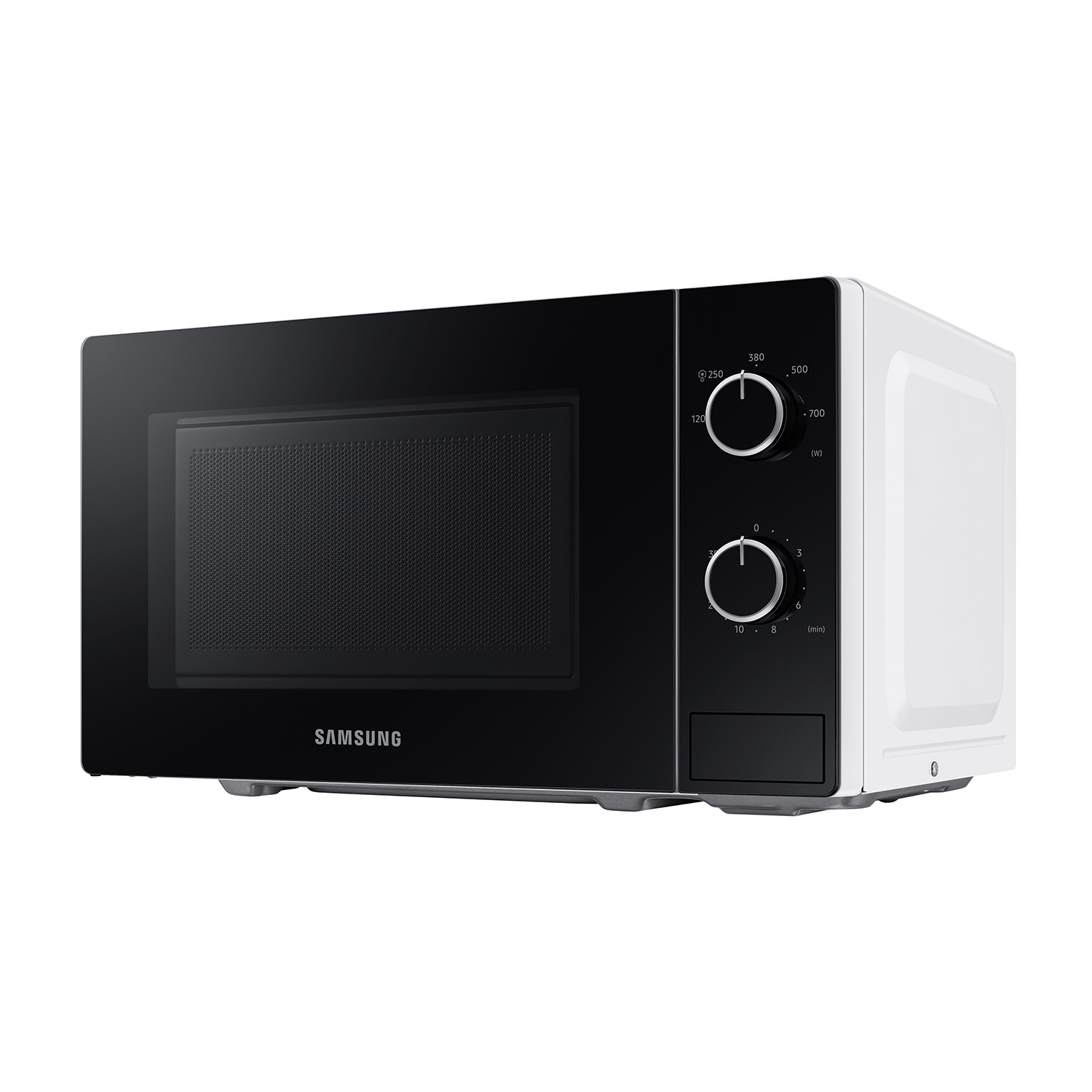 Un forno a microonde Samsung nero. I comandi e il marchio sono visibili.