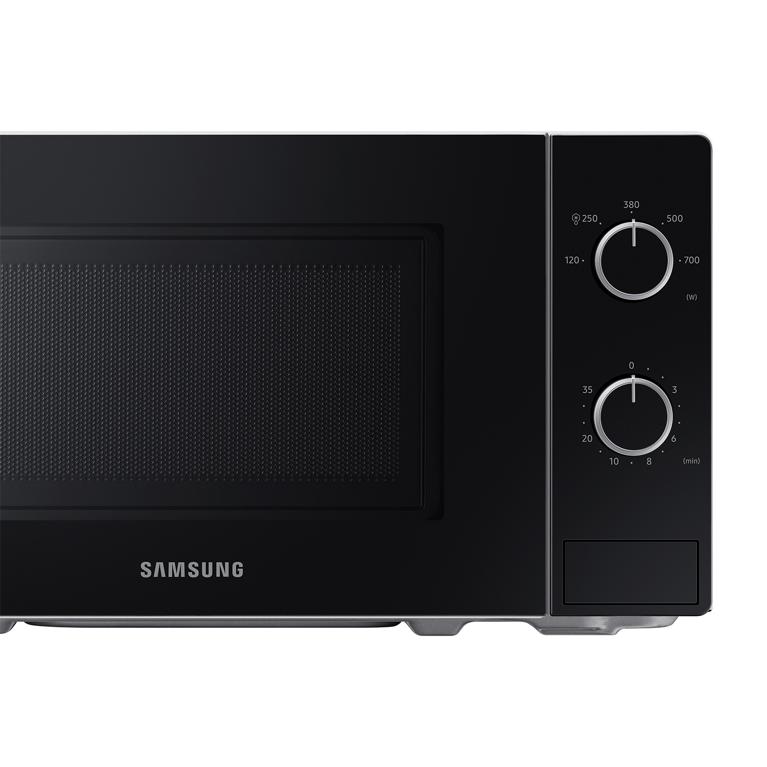 Un forno a microonde nero con quadranti e un logo Samsung. La porta è chiusa.