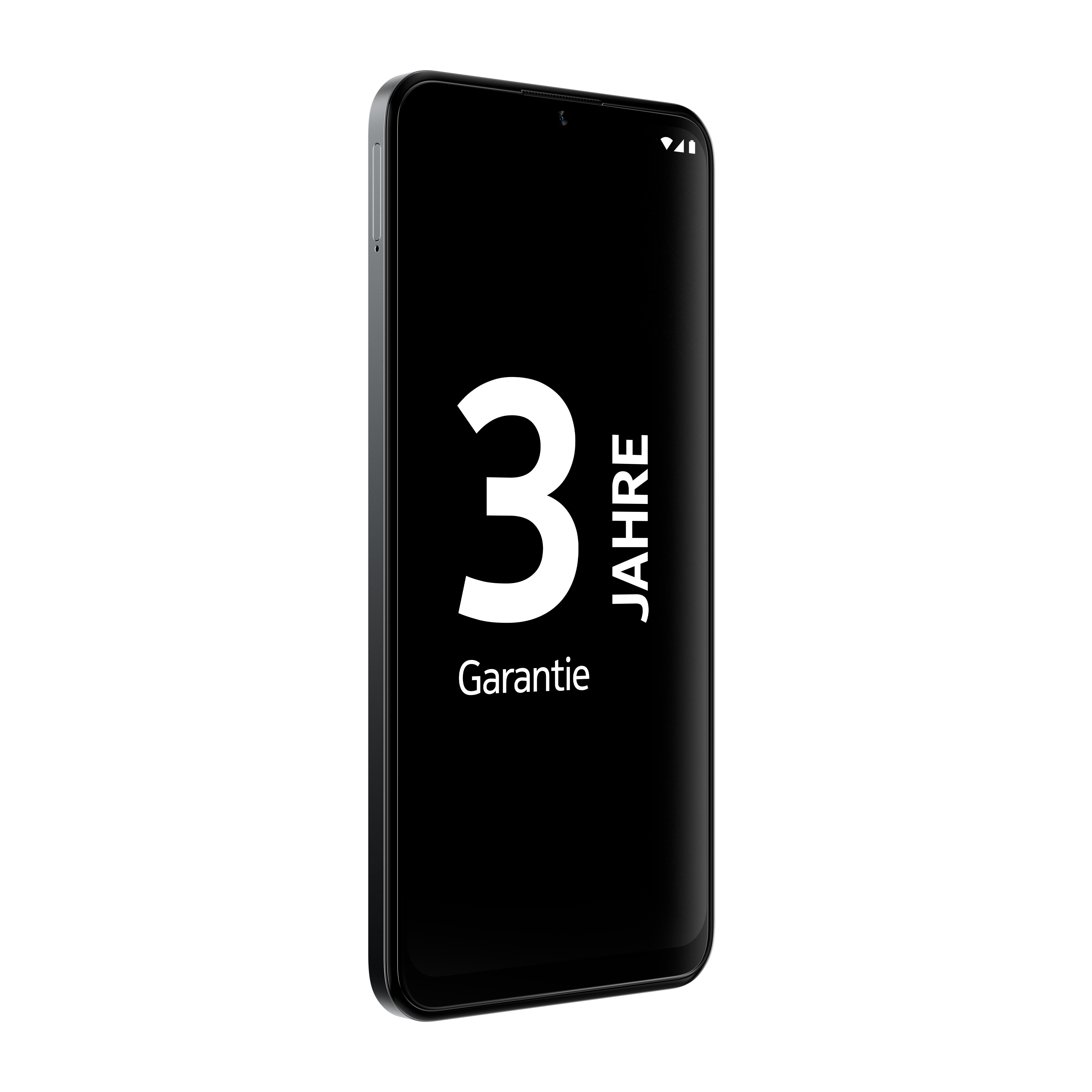 Smartphone mit '3 Jahre Garantie' auf dem Bildschirm, schwarzer Hintergrund.