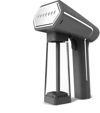Handheld garment steamer, gray and transparent design.
