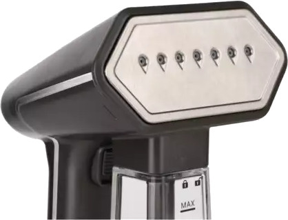 Close-up of a black and silver garment steamer head. Steam vents are visible. Black handle.