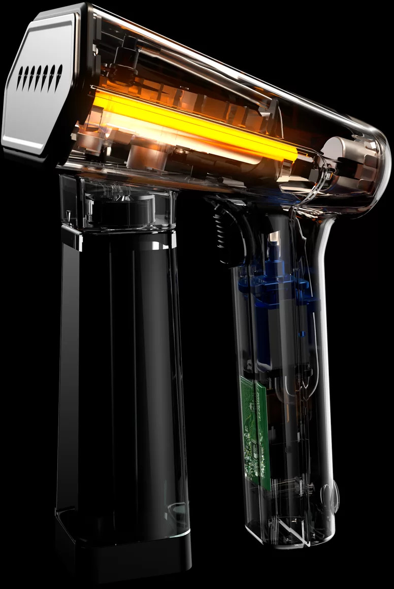A cutaway view of a steamer showing internal components, with a black background.