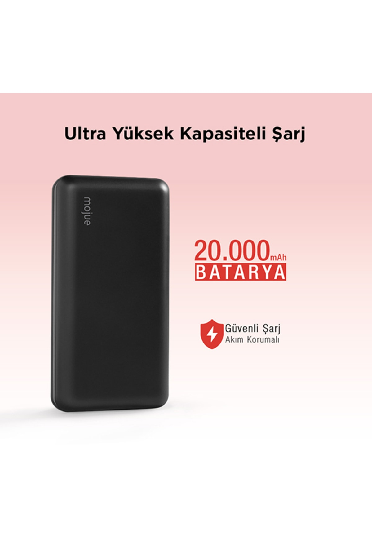 Siyah powerbank, yüksek kapasite ve güvenli şarj hakkında metinle.