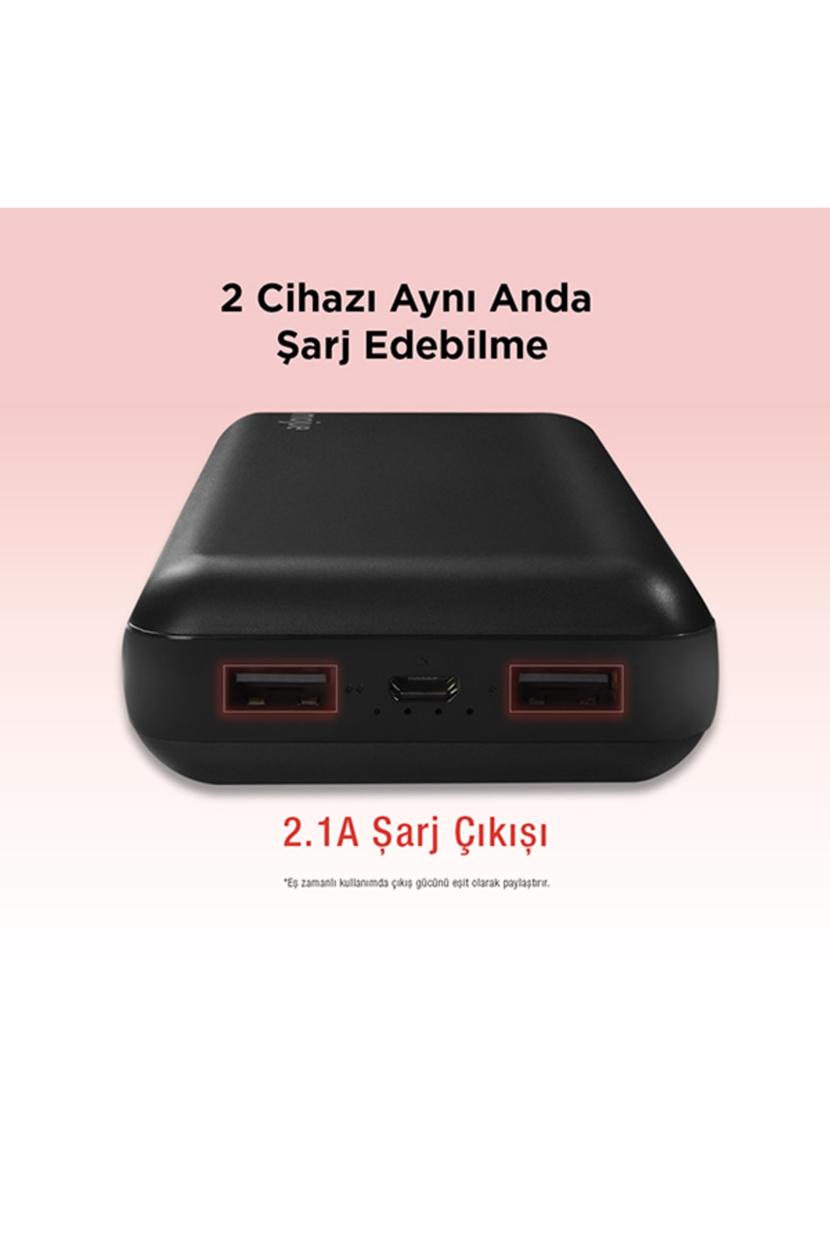 İki USB bağlantı noktasına ve bir mikro USB bağlantı noktasına sahip siyah güç bankası. Metin '2.1A Şarj Çıkışı' diyor.