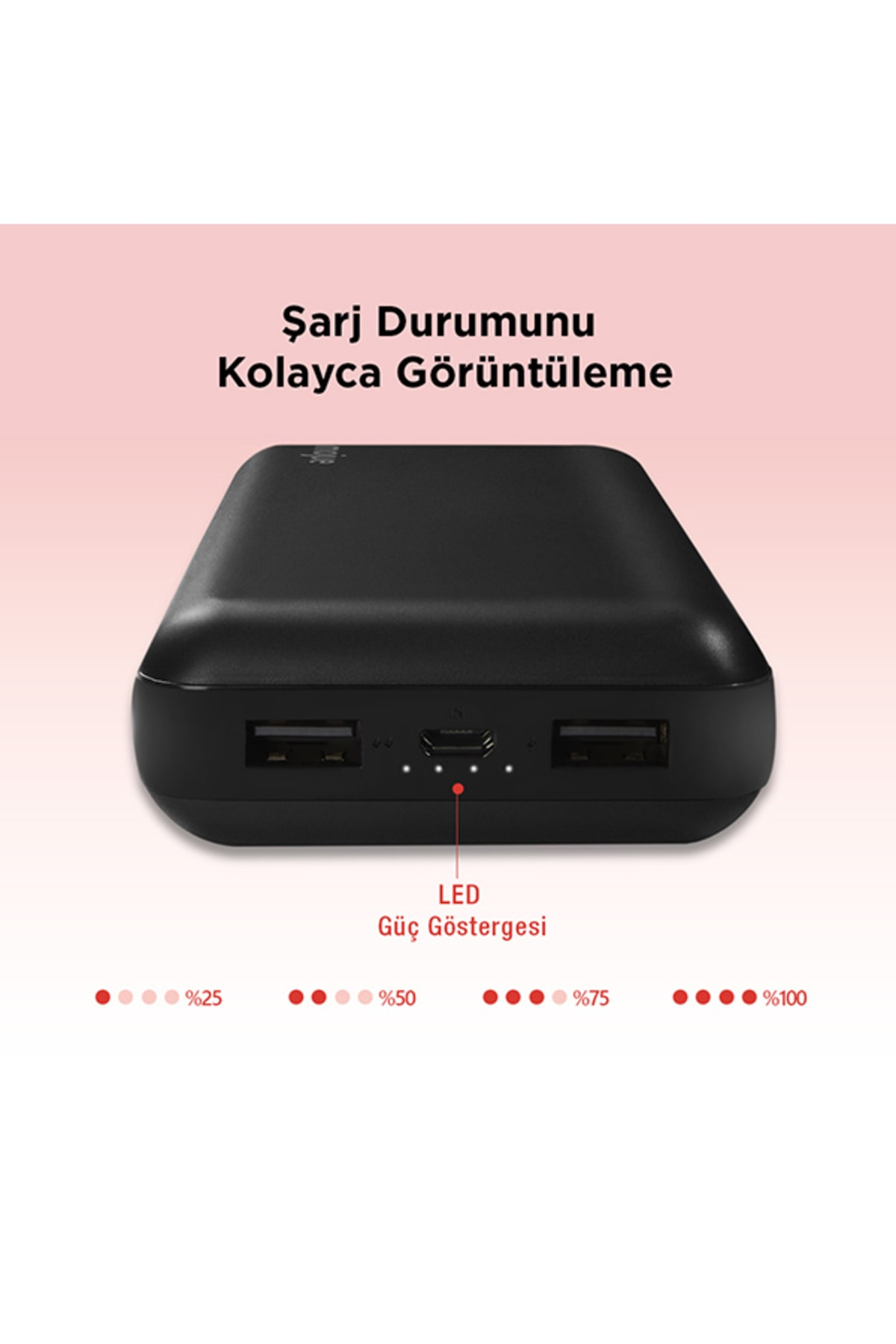 İki USB bağlantı noktasına ve şarj seviyesini gösteren bir LED güç göstergesine sahip siyah bir güç bankası.