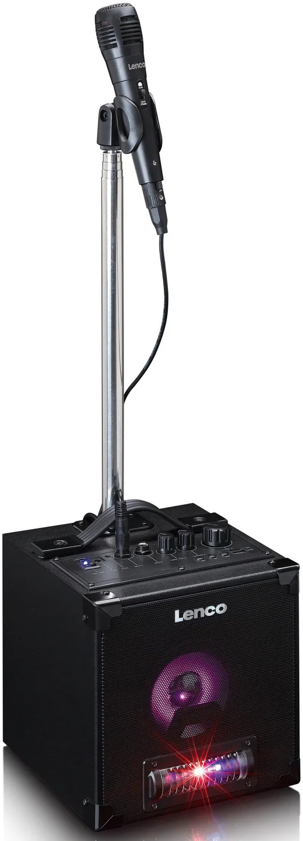 Une machine à karaoké noire avec un pied de micro, un microphone et des lumières.