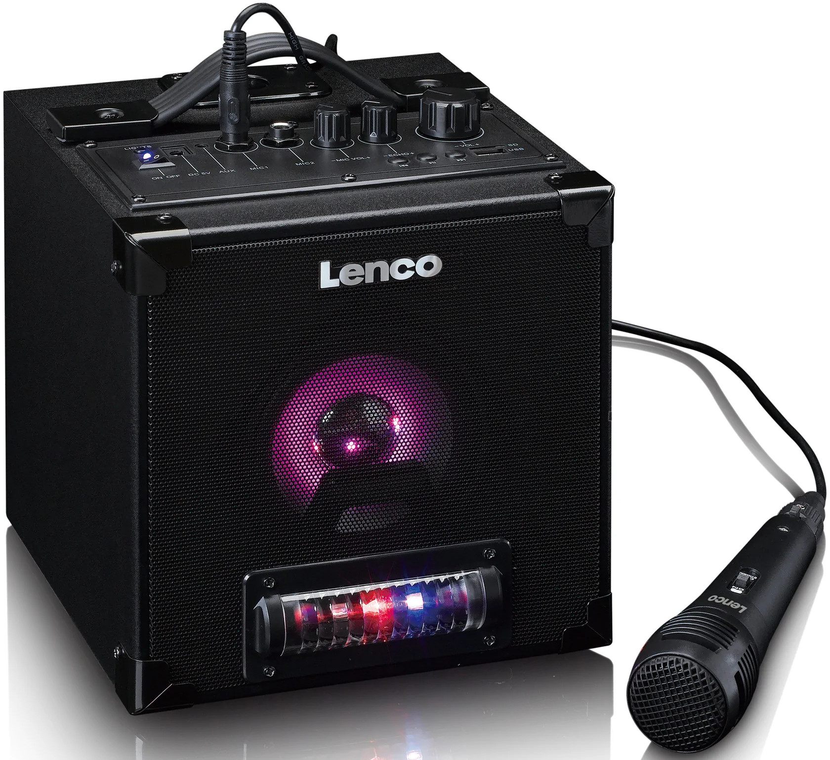 Enceinte Lenco noire avec un microphone. L'enceinte a des lumières et un écran.