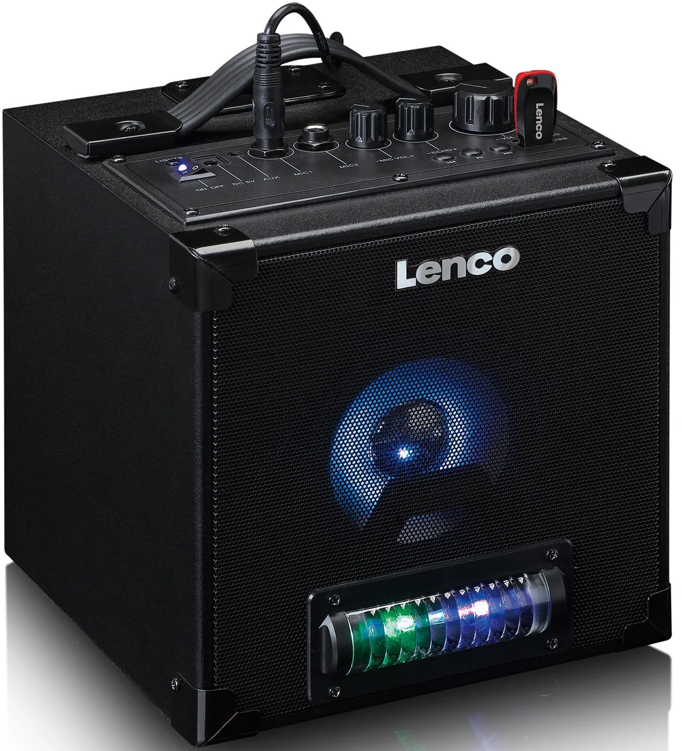 Enceinte Bluetooth Lenco noire, avec commandes et lumières.