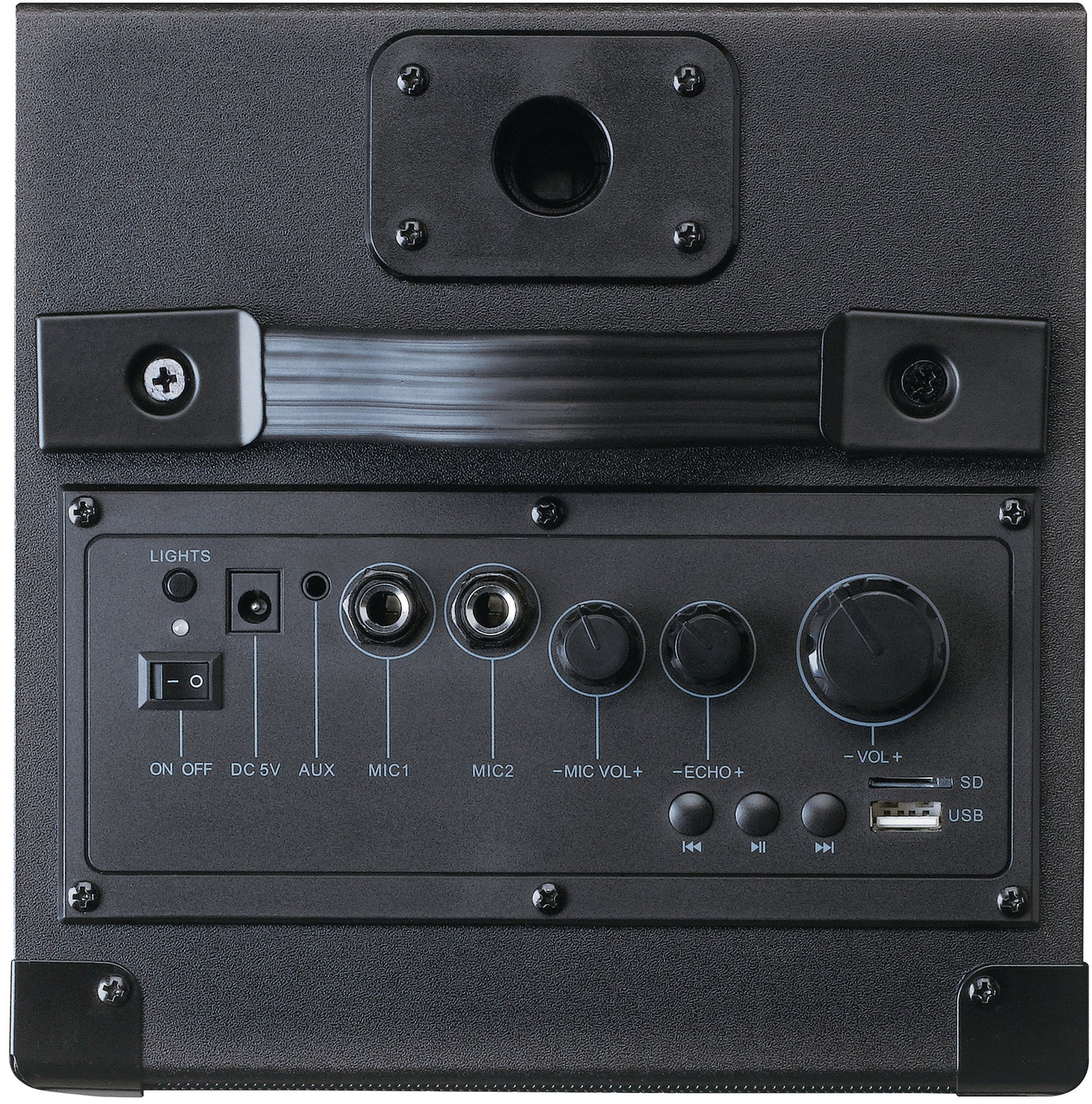 Gros plan sur un panneau de commande de haut-parleur noir avec boutons et ports.