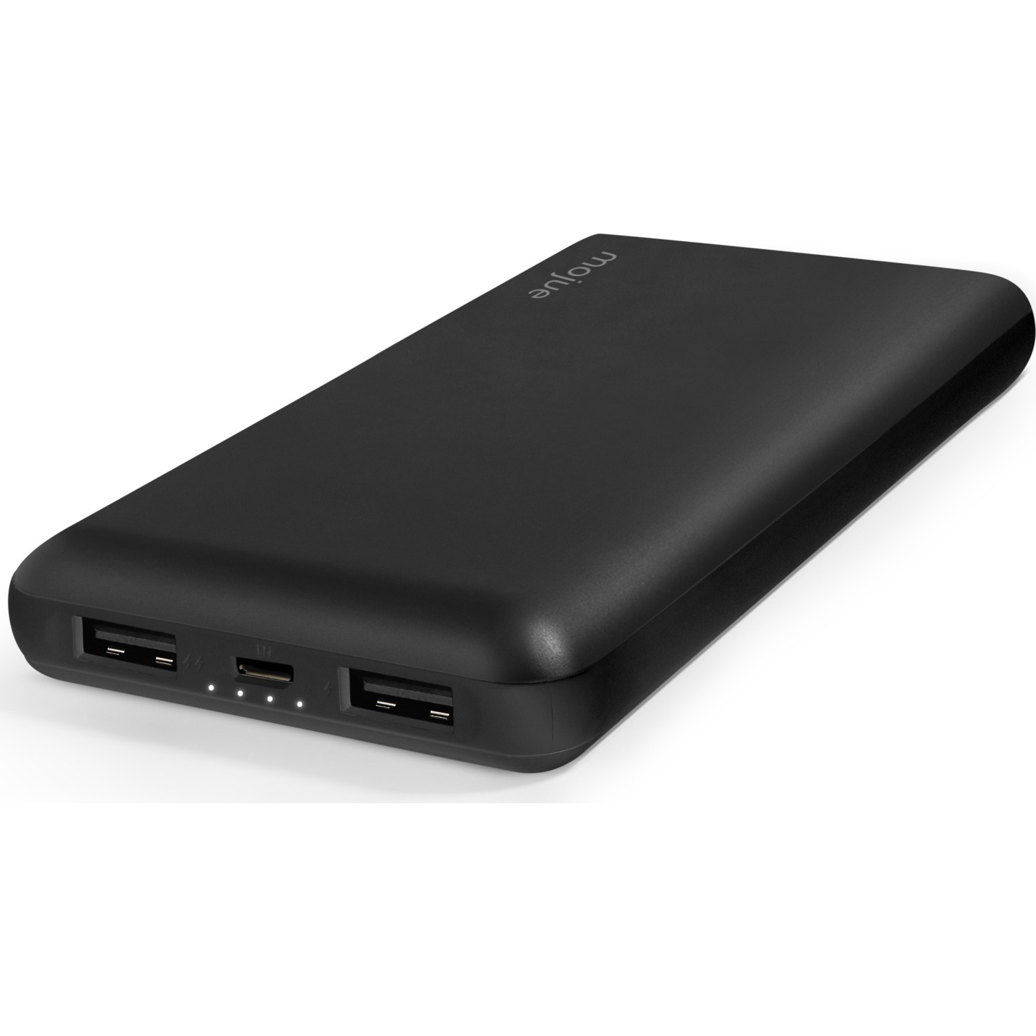 Çoklu USB bağlantı noktalarına sahip siyah güç bankası, "mojjo" kelimesiyle markalanmış.