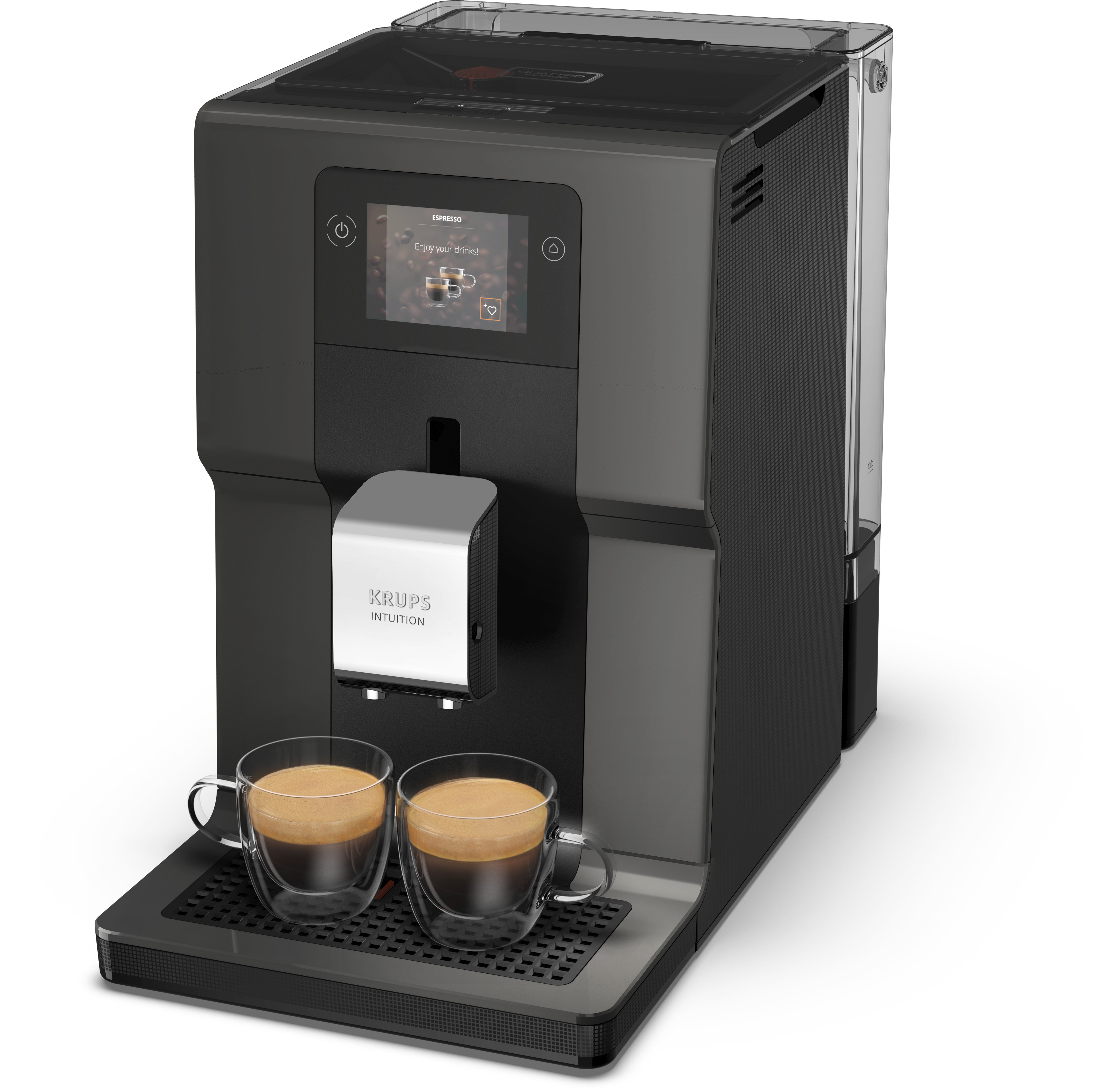 Coffee machine, with espresso cups, and a screen with a beverage option.