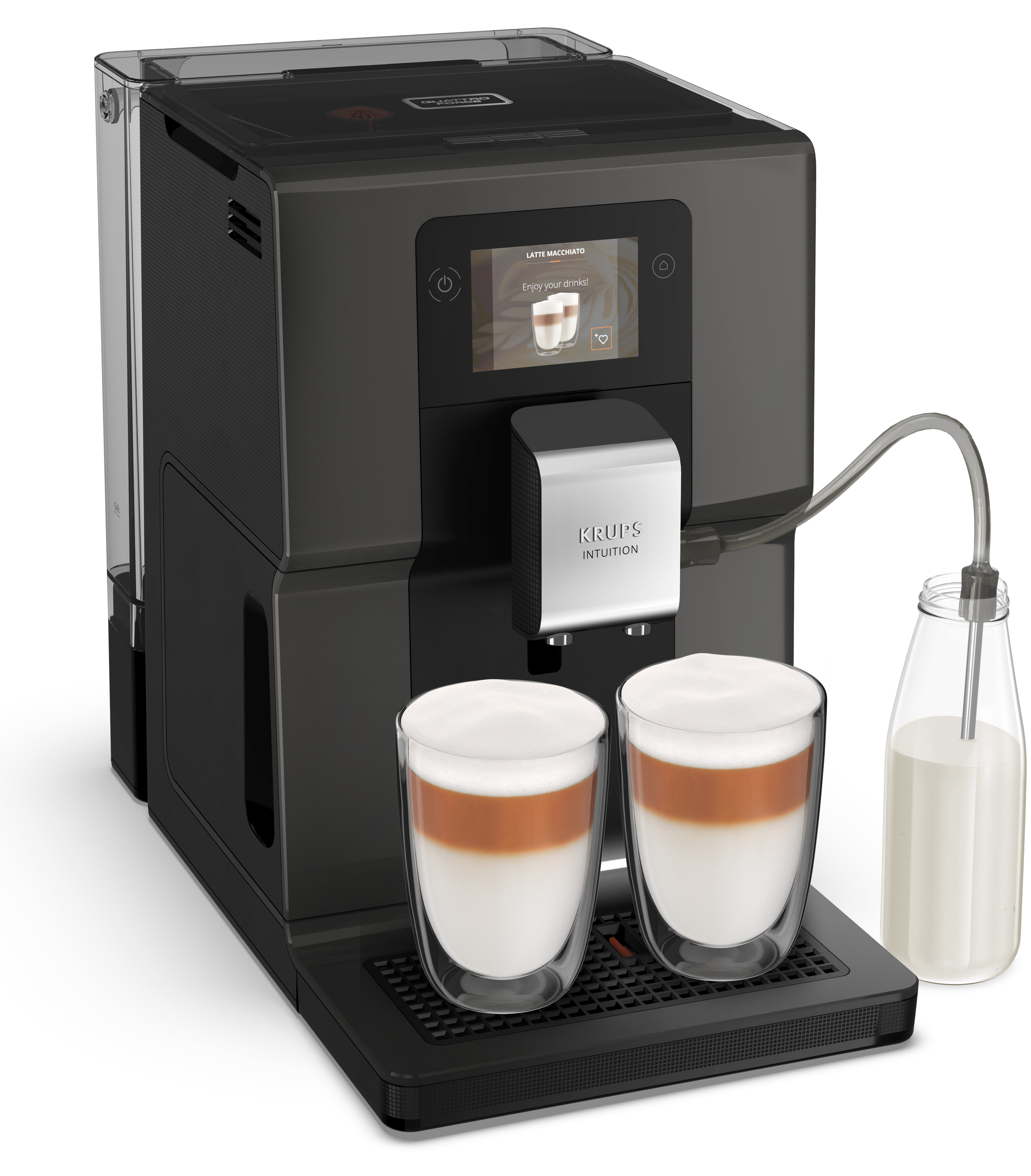 Black Krups Intuition coffee machine with two latte macchiato glasses and a milk bottle.