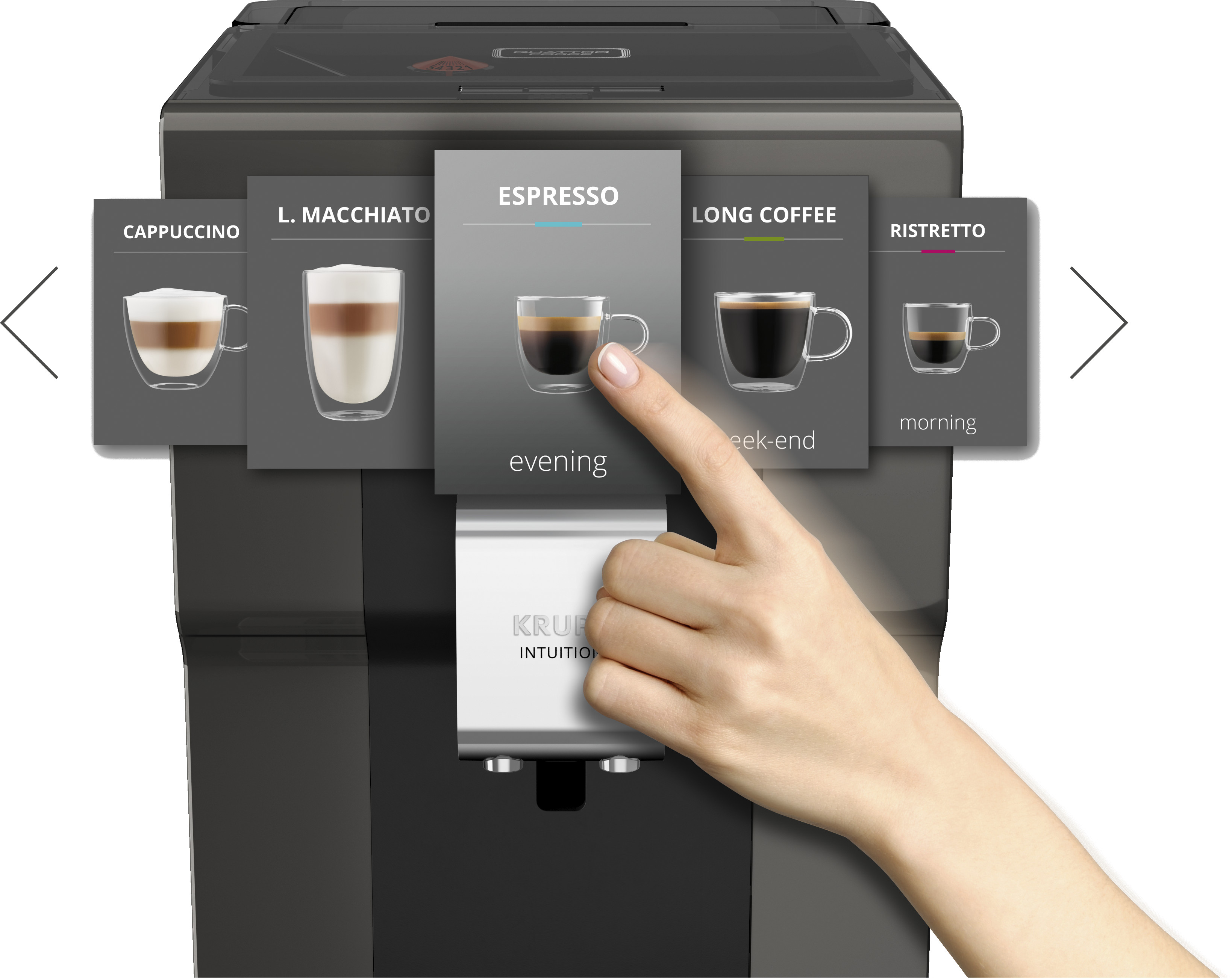 A coffee machine with the menu displayed. A hand is selecting the espresso option.