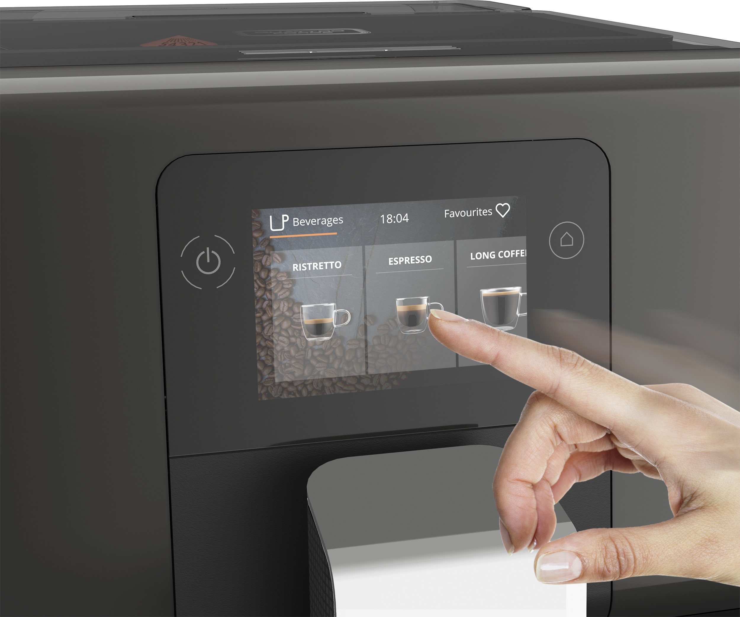 Coffee machine screen showing coffee options: Ristretto, Espresso, Long Coffee.