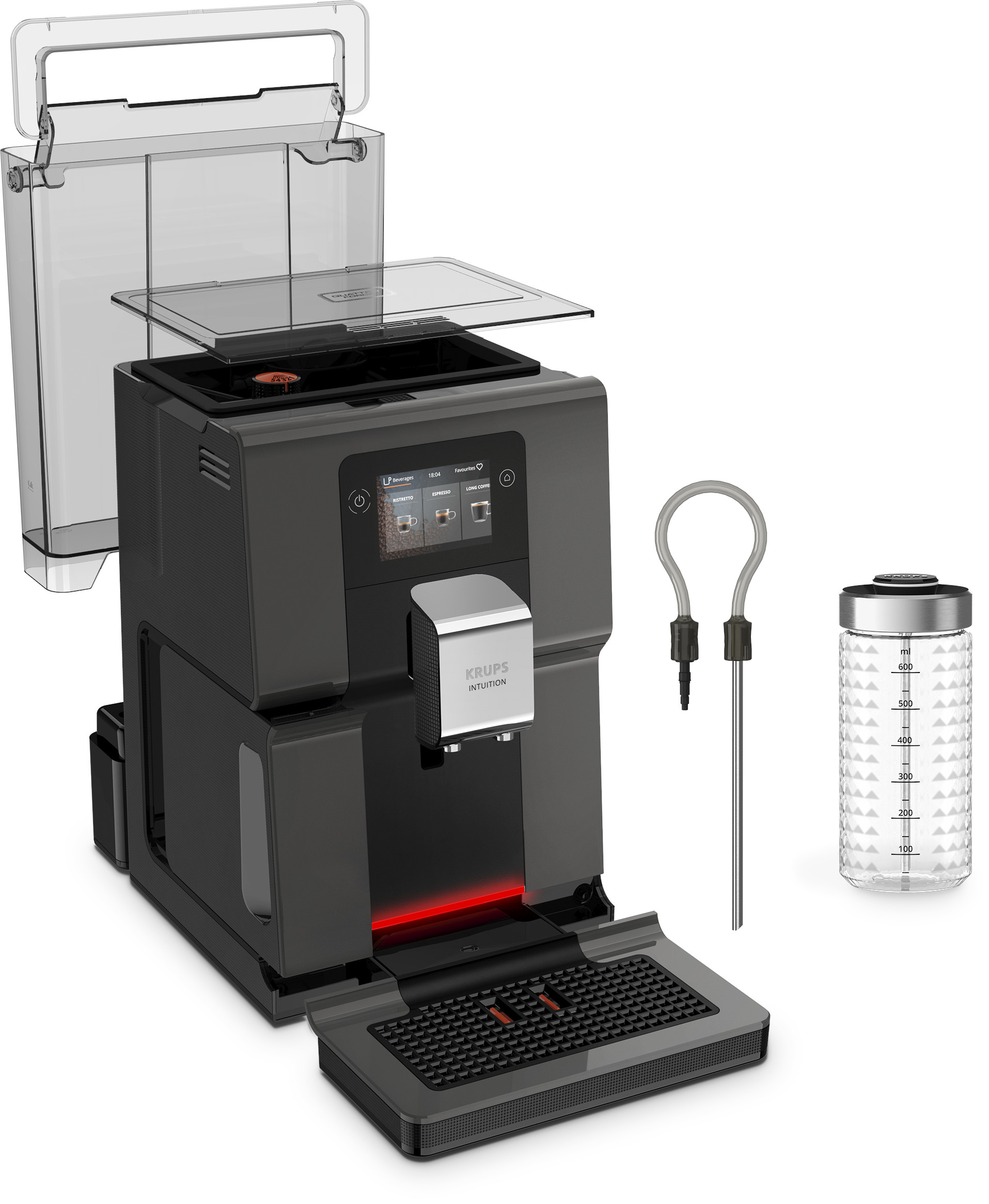 A Krups automatic coffee machine with accessories, with a water tank and a tray.