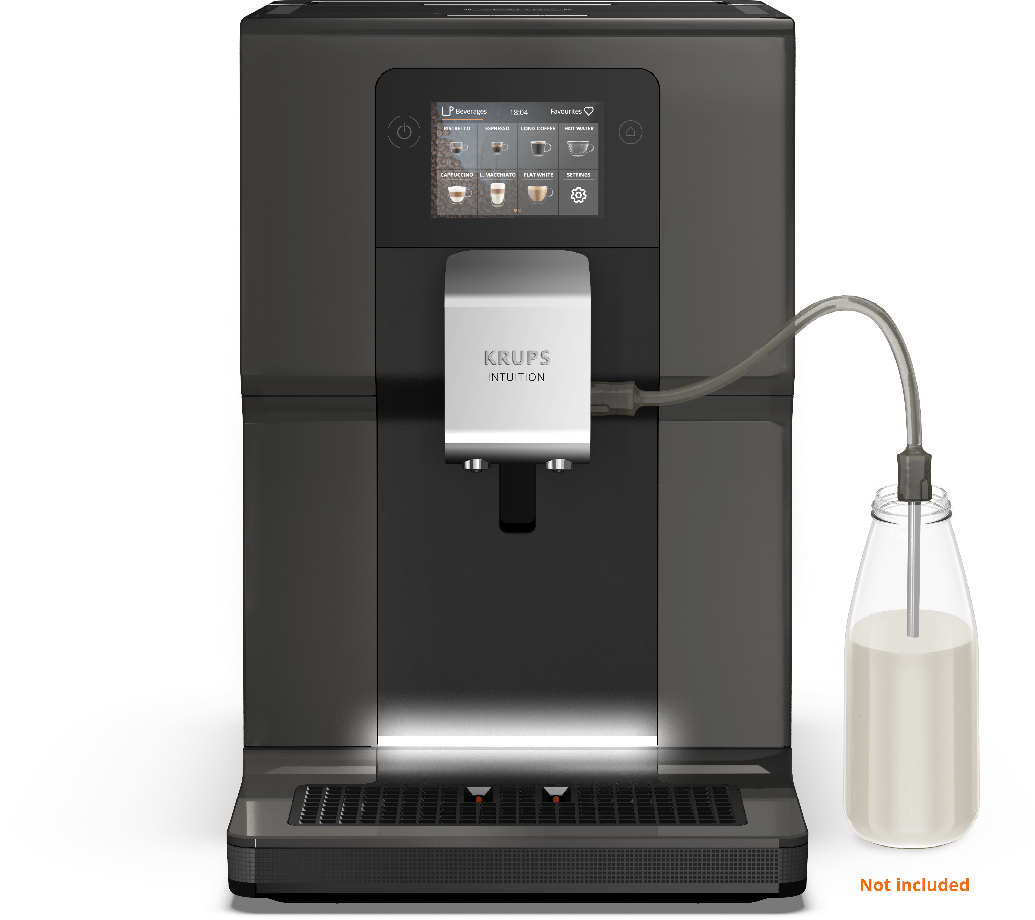 Black Krups coffee machine with milk container. White background.