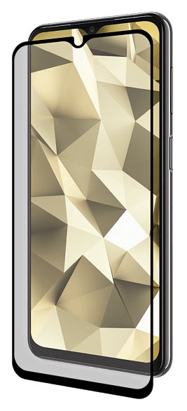 Smartphone met aangebrachte schermbeschermer, schuine weergave, gouden polygonale patroonachtergrond.