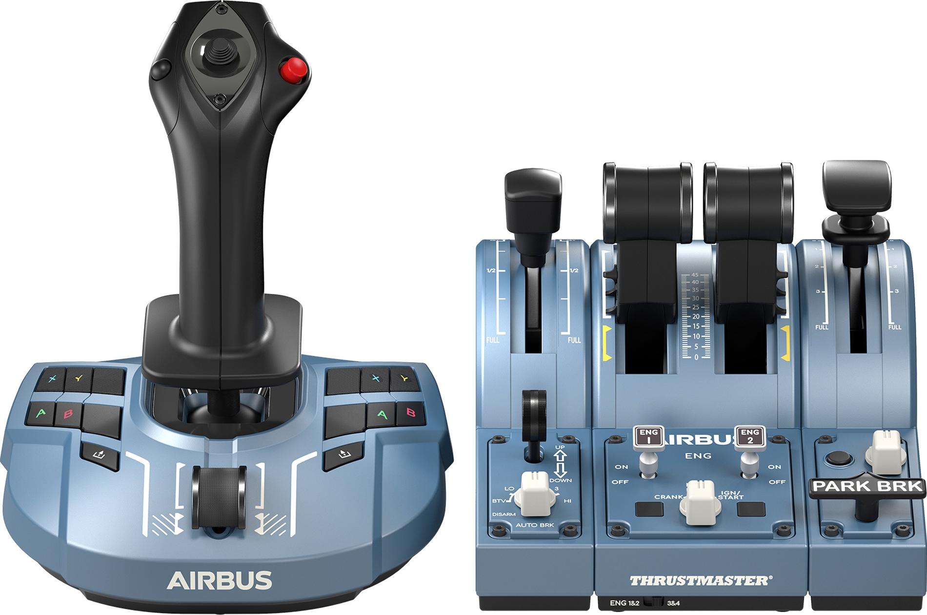 Ein Airbus-Flugsimulator-Bedienfeld. Enthält einen Joystick, Triebwerkssteuerungen und andere Knöpfe und Schalter.