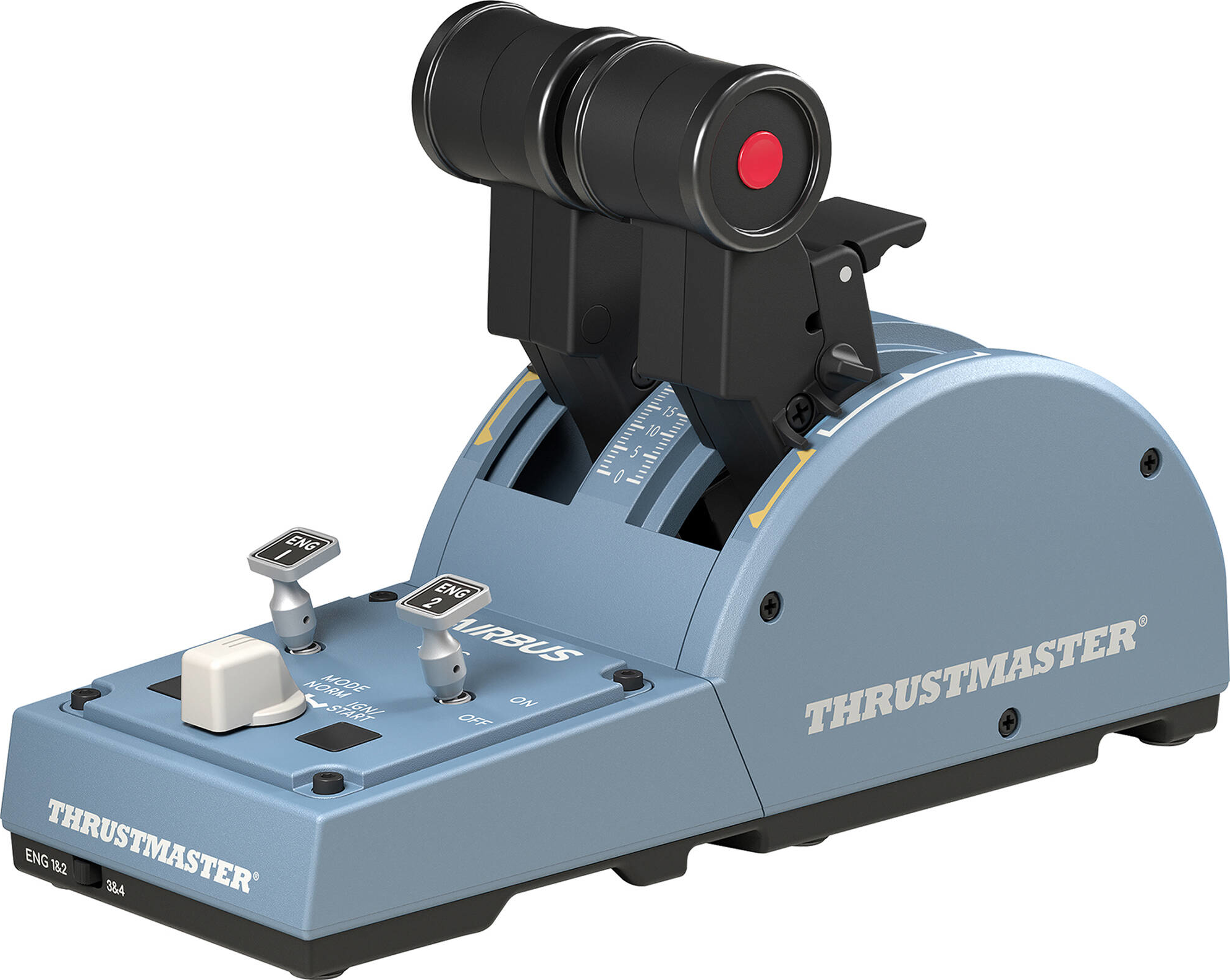 Ein hellblaues Thrustmaster Airbus Flugsimulator-Drosselquadrant mit verschiedenen Hebeln und Schaltern.