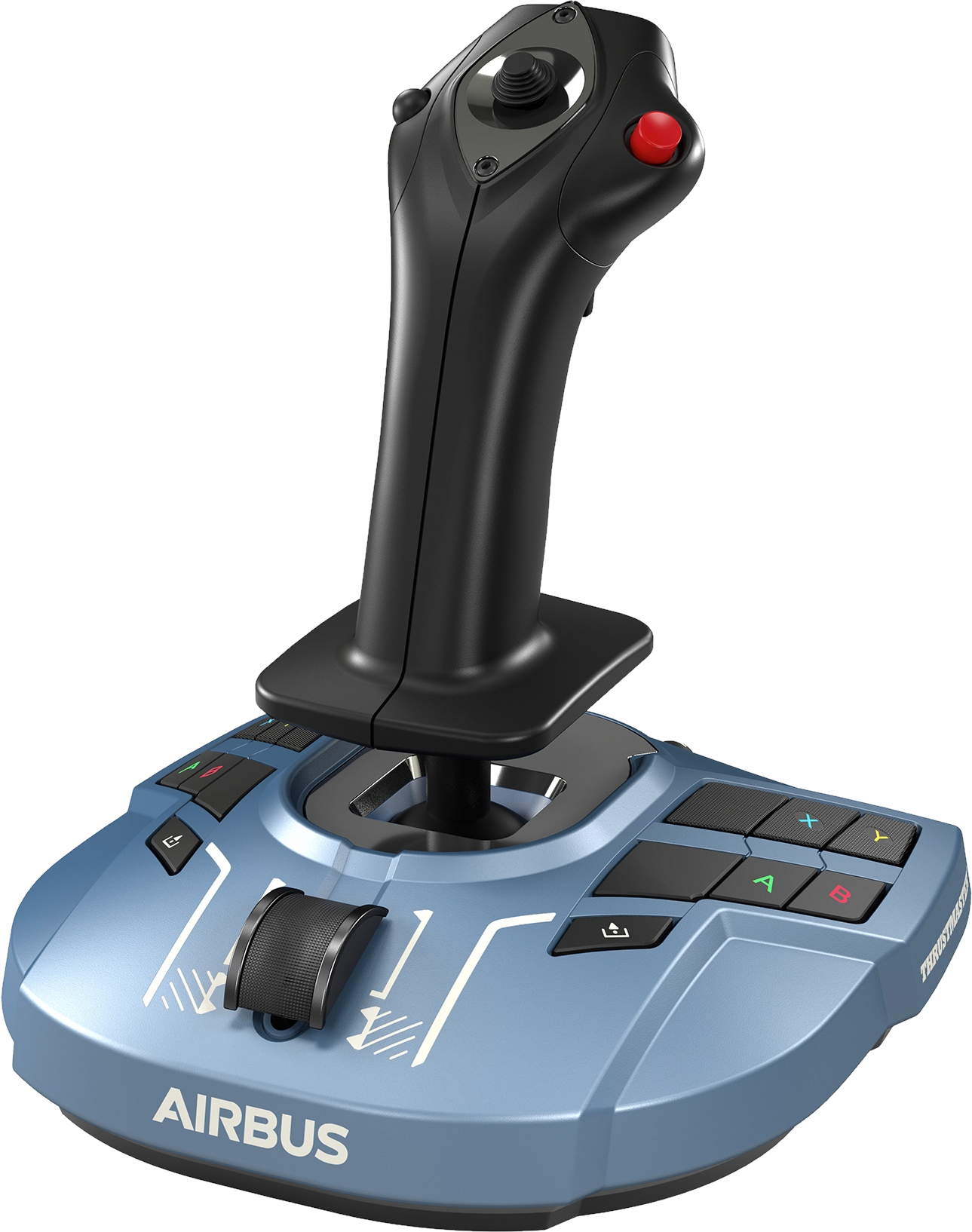 Ein blau-schwarzer Joystick für einen Flugsimulator, mit Knöpfen und einem roten Knopf.