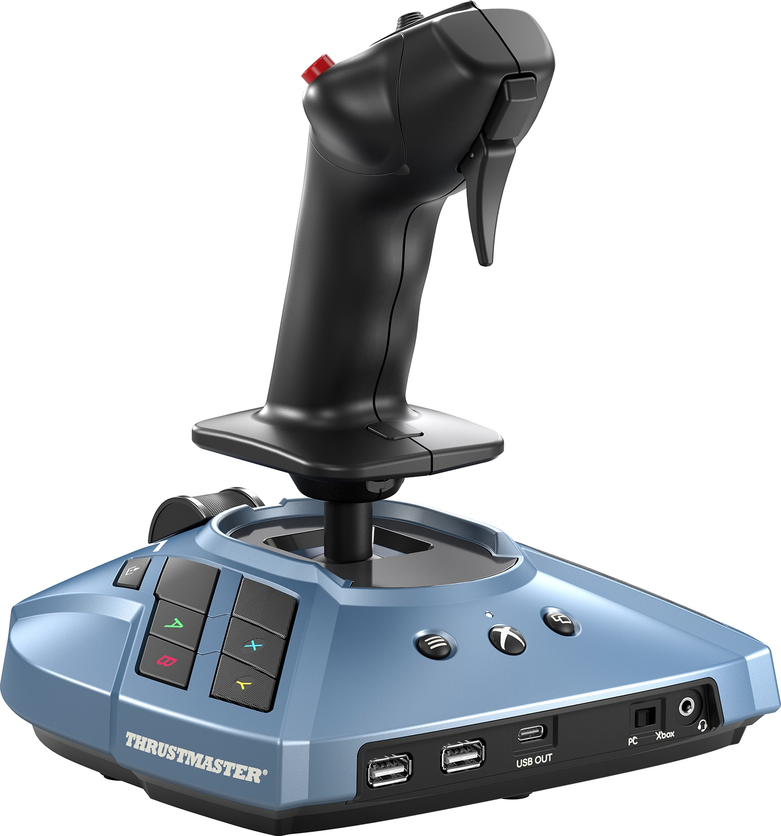 Blauer und schwarzer Thrustmaster-Joystick zum Spielen.