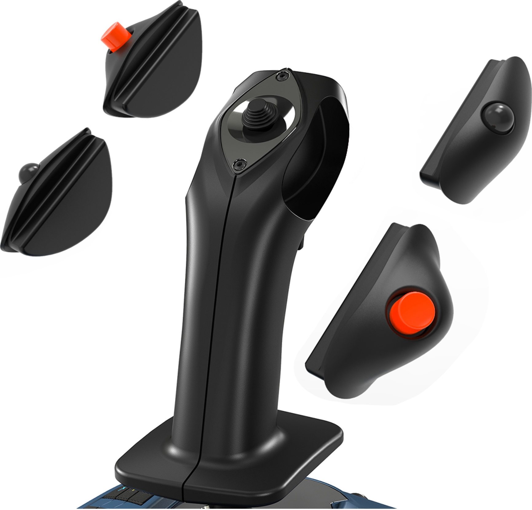 Schwarzer Joystick mit orangefarbenen Knöpfen und einem zentralen Ring. Mehrere Teile sind zerlegt auf weißem Hintergrund dargestellt.