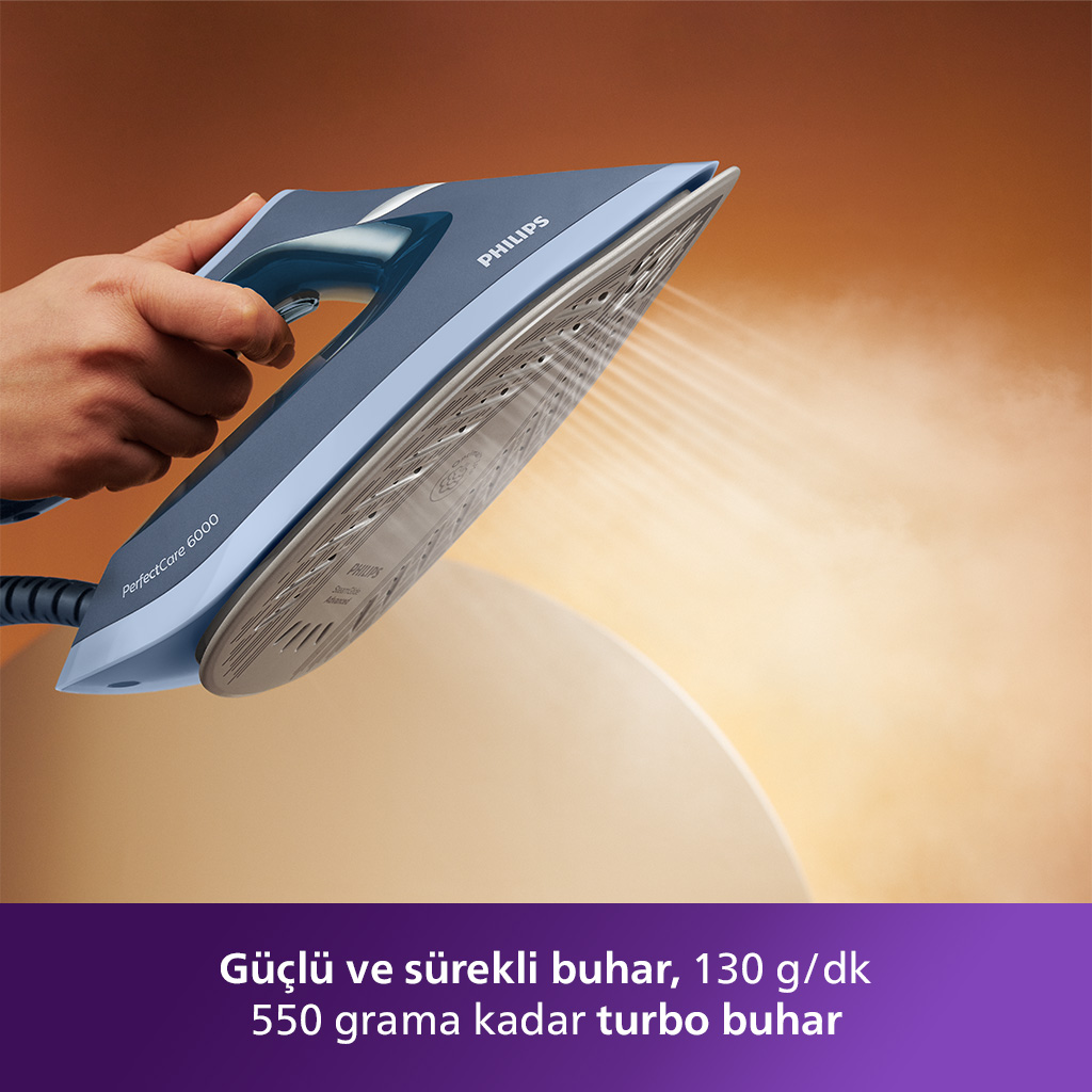 Mavi Philips ütü buhar veriyor, buhar ve turbo özellikleri hakkında metinle.