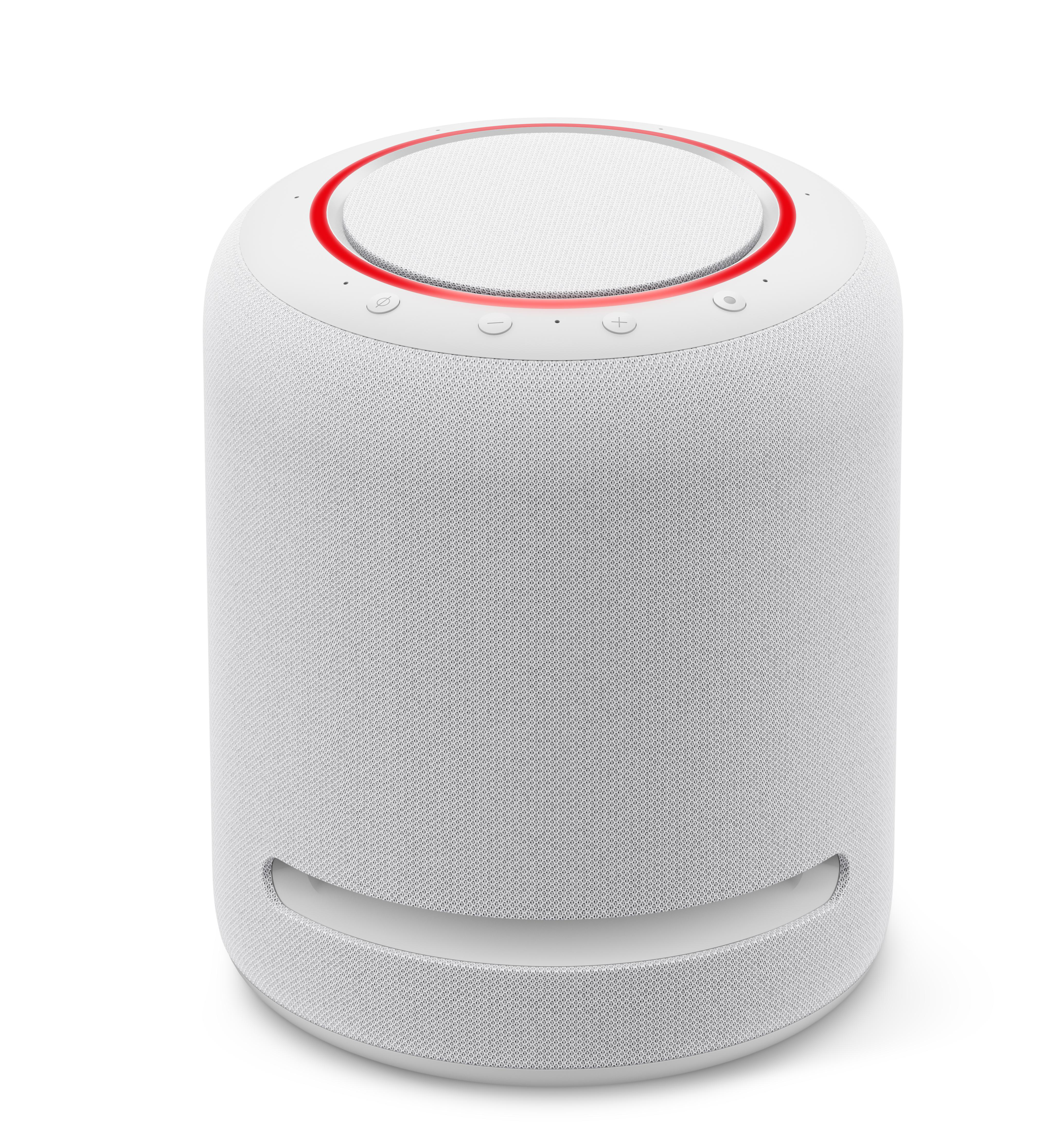 Weißer zylindrischer Smart-Lautsprecher mit rotem oberen Ring und Knöpfen. Unten ist ein Ausschnitt.