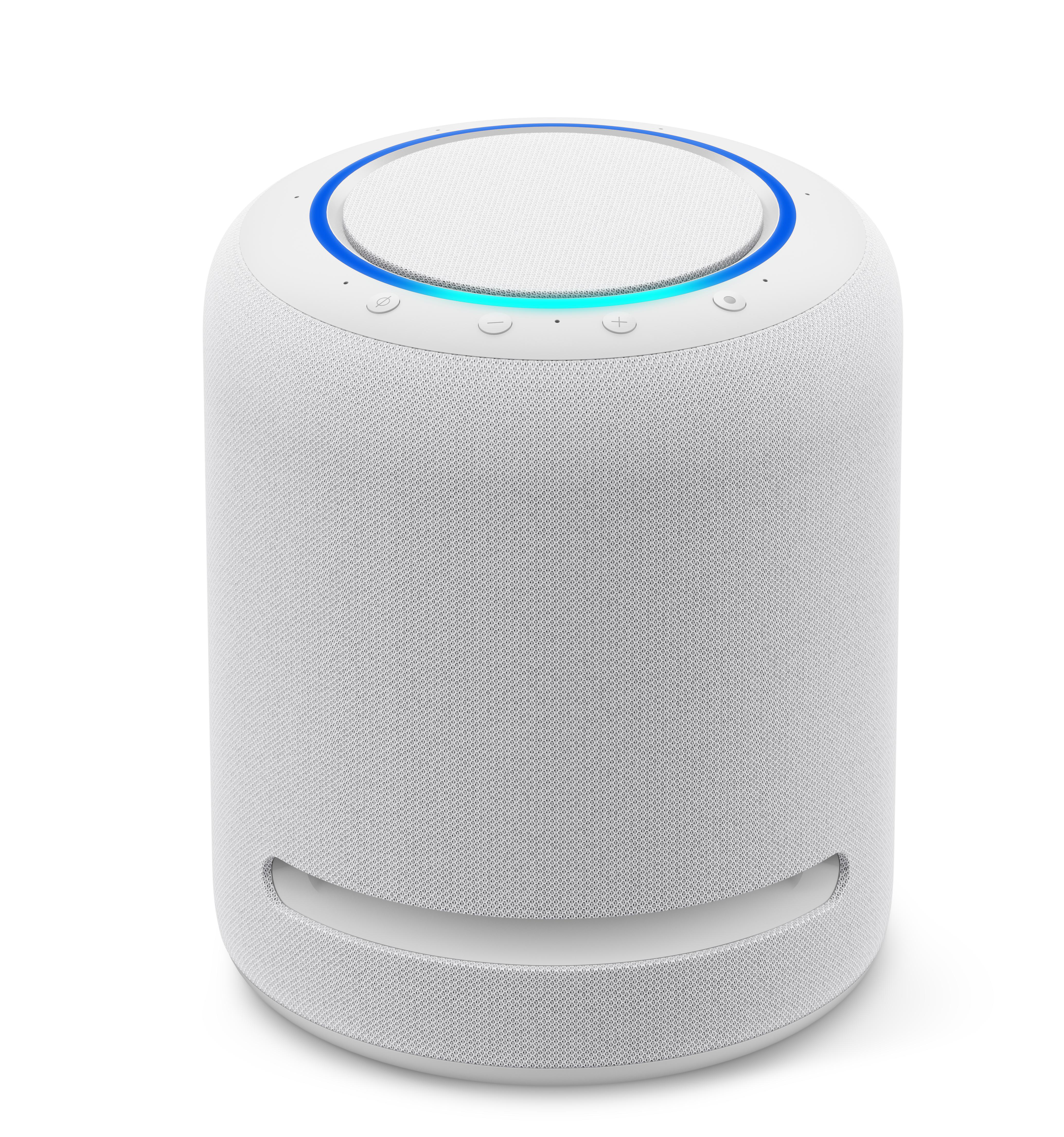 Weißer zylindrischer Smart Speaker mit blauem Lichtring. Knöpfe oben.