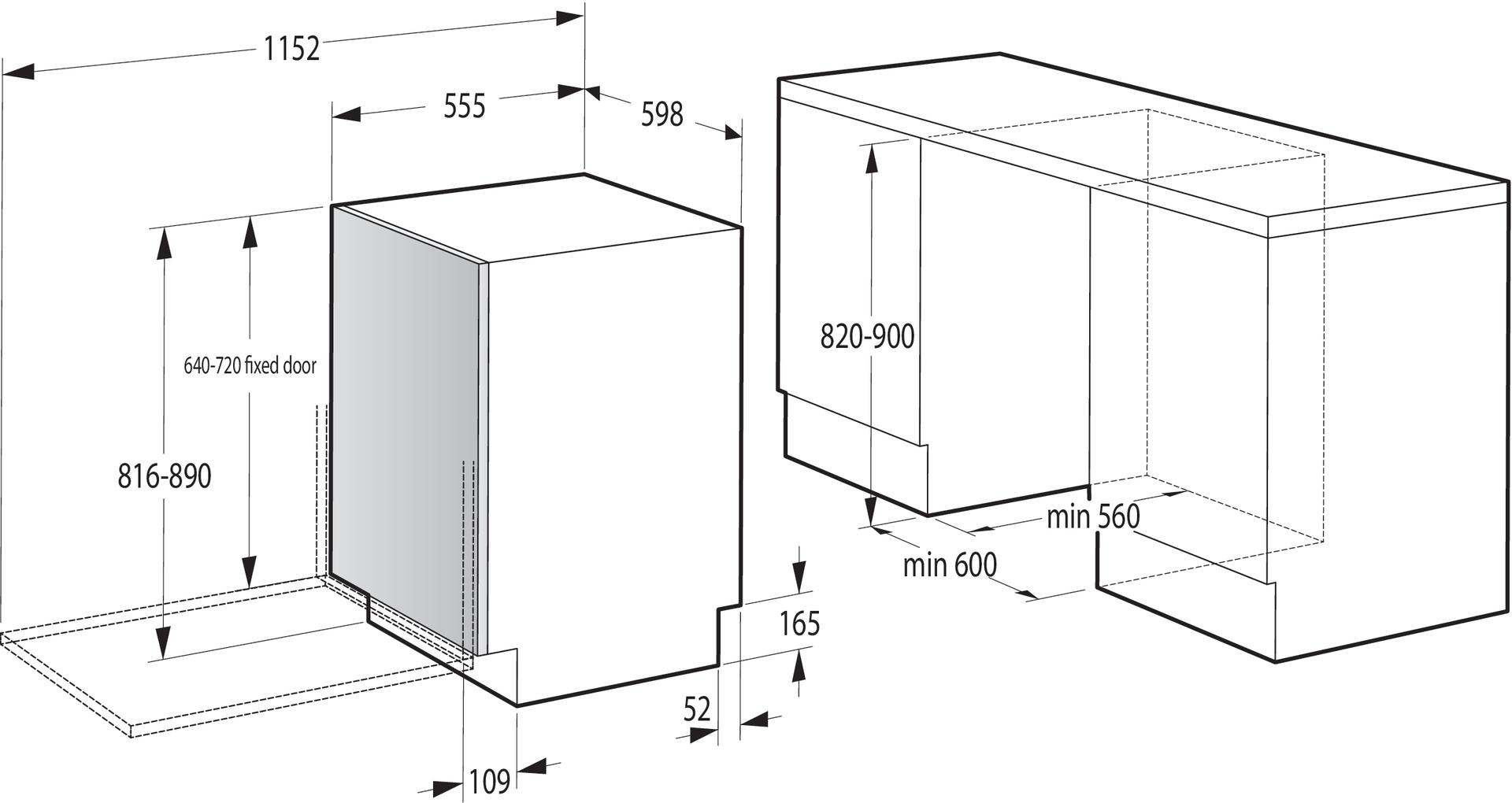 Diagramm mit den Abmessungen eines Kühlschranks, mit Maßen in Millimetern und einer Seitenansicht.