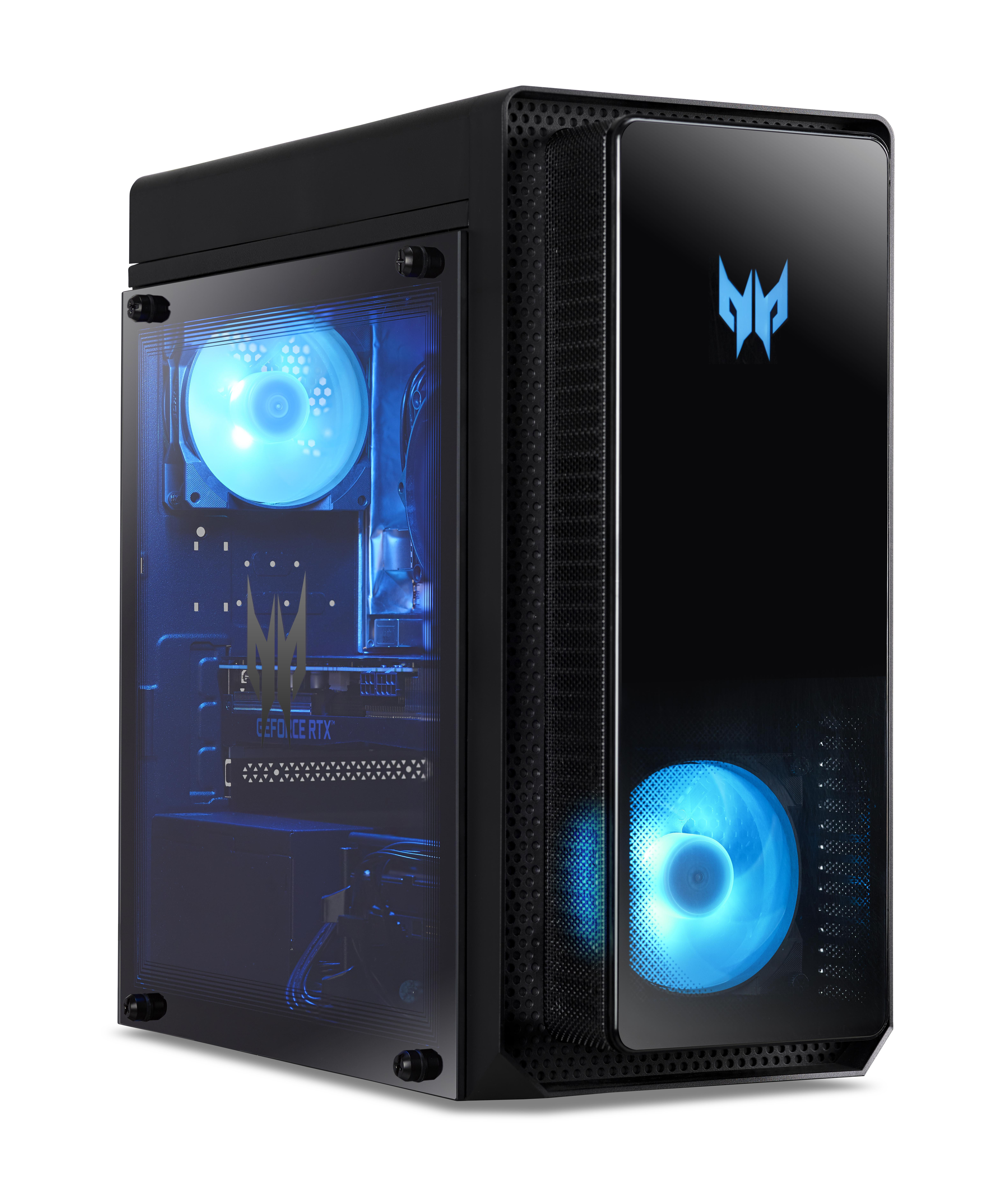 Schwarzer Acer Predator Gaming-PC mit blauer Innenbeleuchtung und einer Glas-Seitenwand.