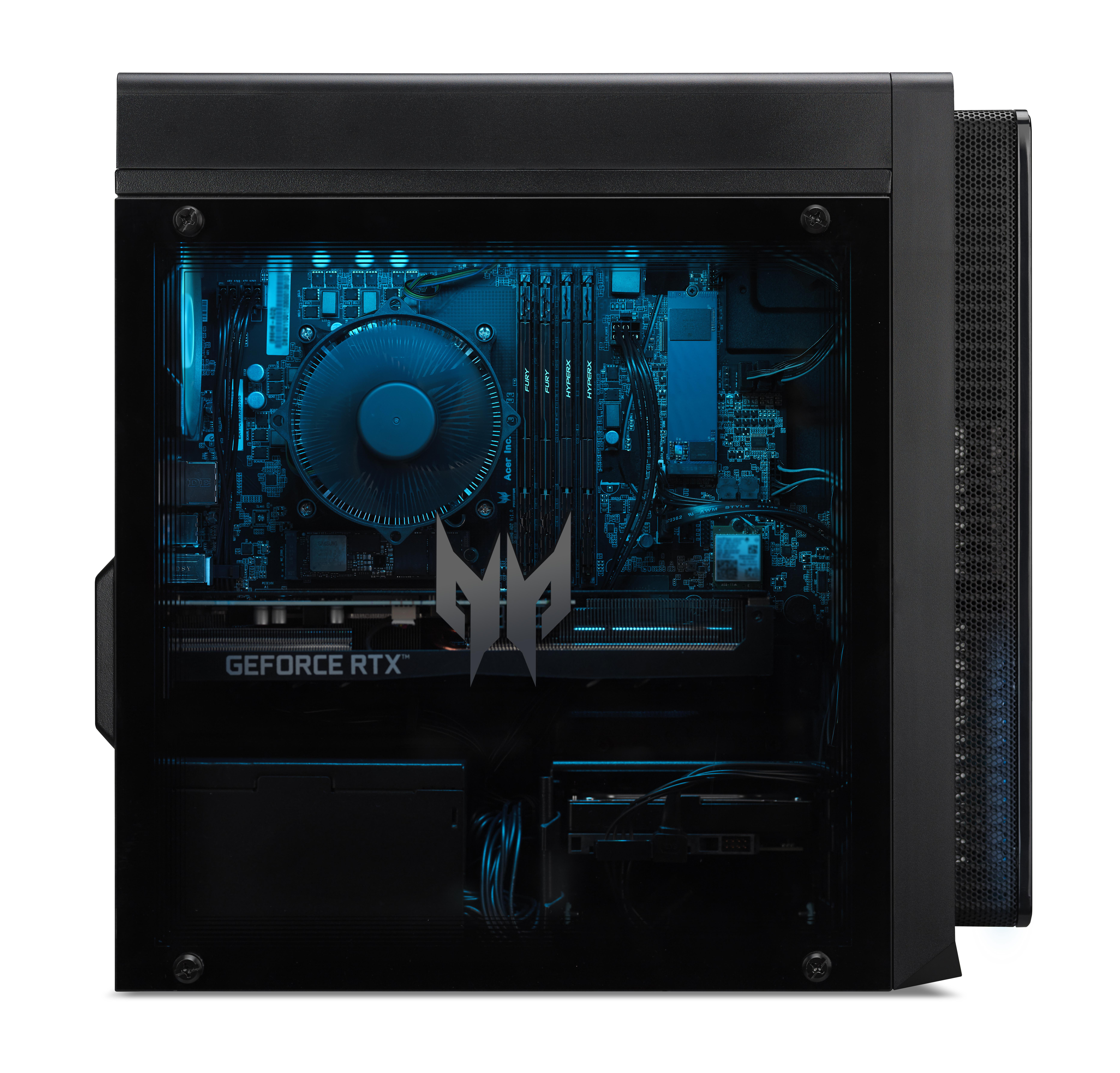 Computergehäuse mit internen Komponenten und blauer Beleuchtung.