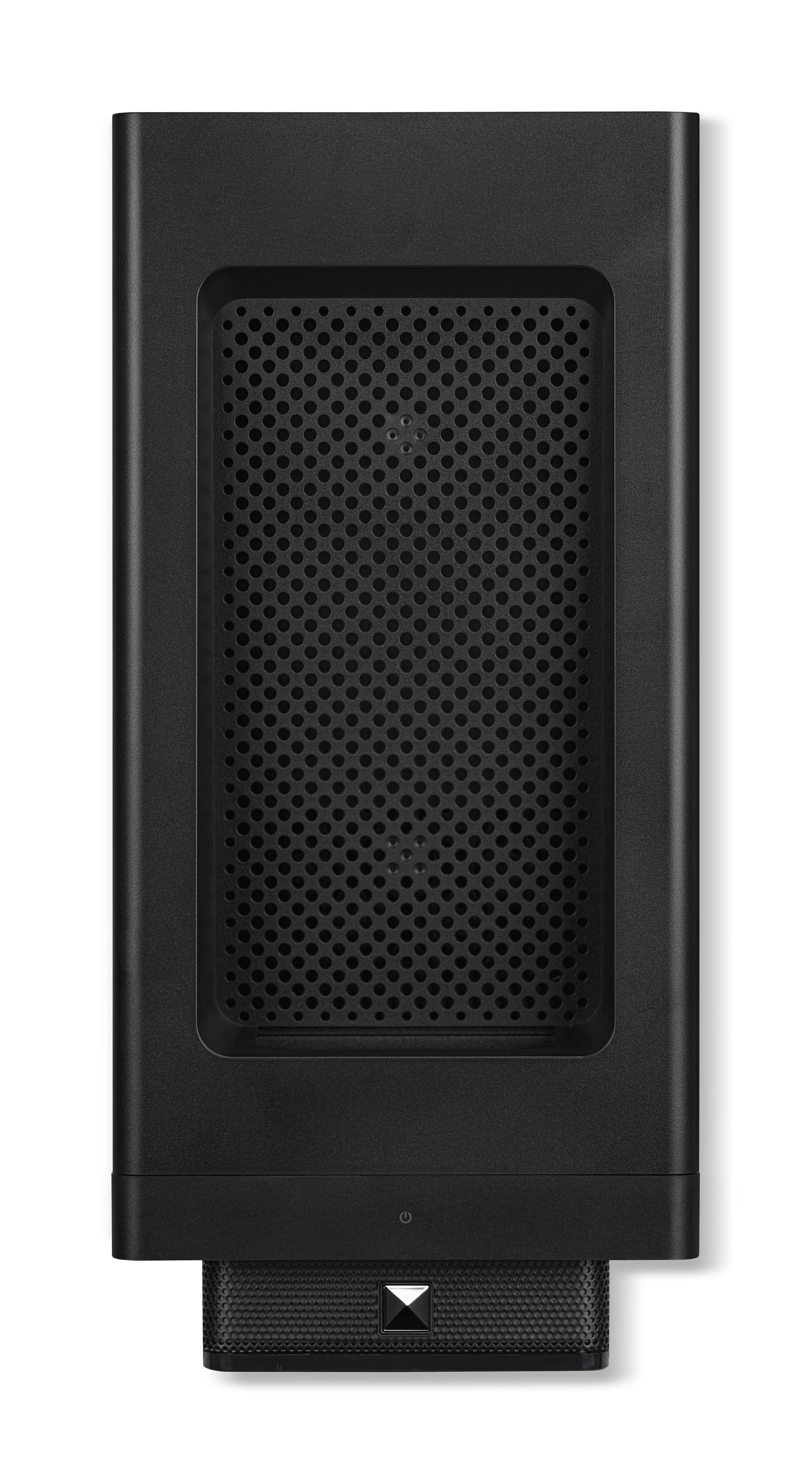 Schwarze Lautsprecher-Dockingstation. Sie ist rechteckig mit perforierter Front und einem kleineren Dock darunter.