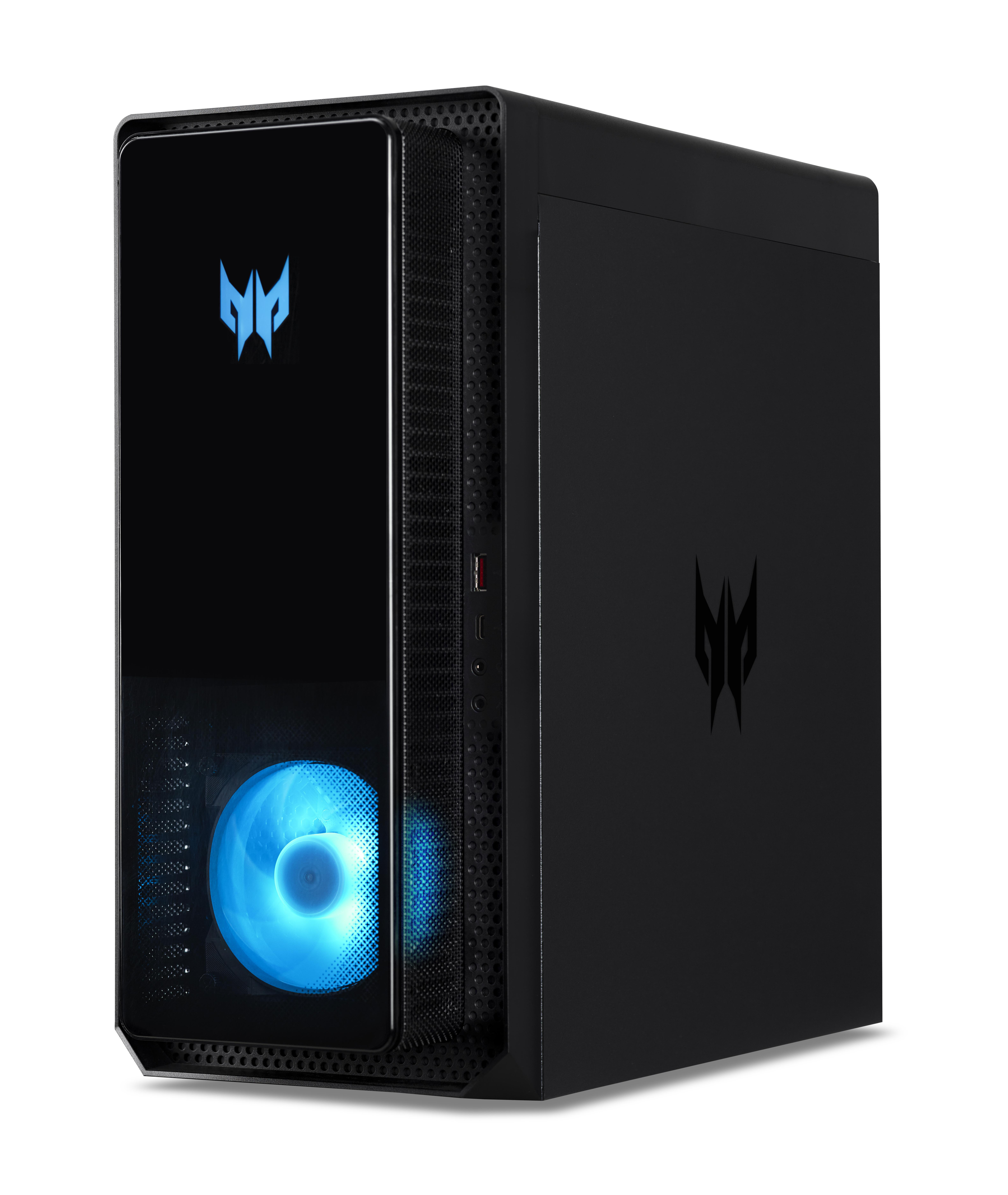 Schwarzer Predator PC-Tower mit blauem Licht im Inneren. Predator-Logo vorne und seitlich. Dunkler Hintergrund.