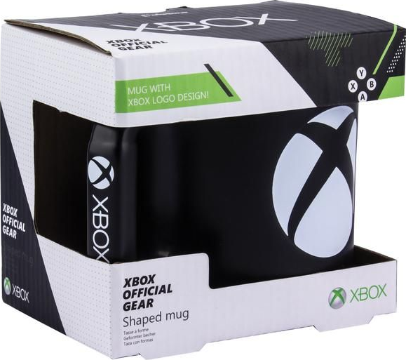 Mug Xbox dans une boîte. Mug noir avec logo Xbox. Boîte avec marque Xbox Official Gear.