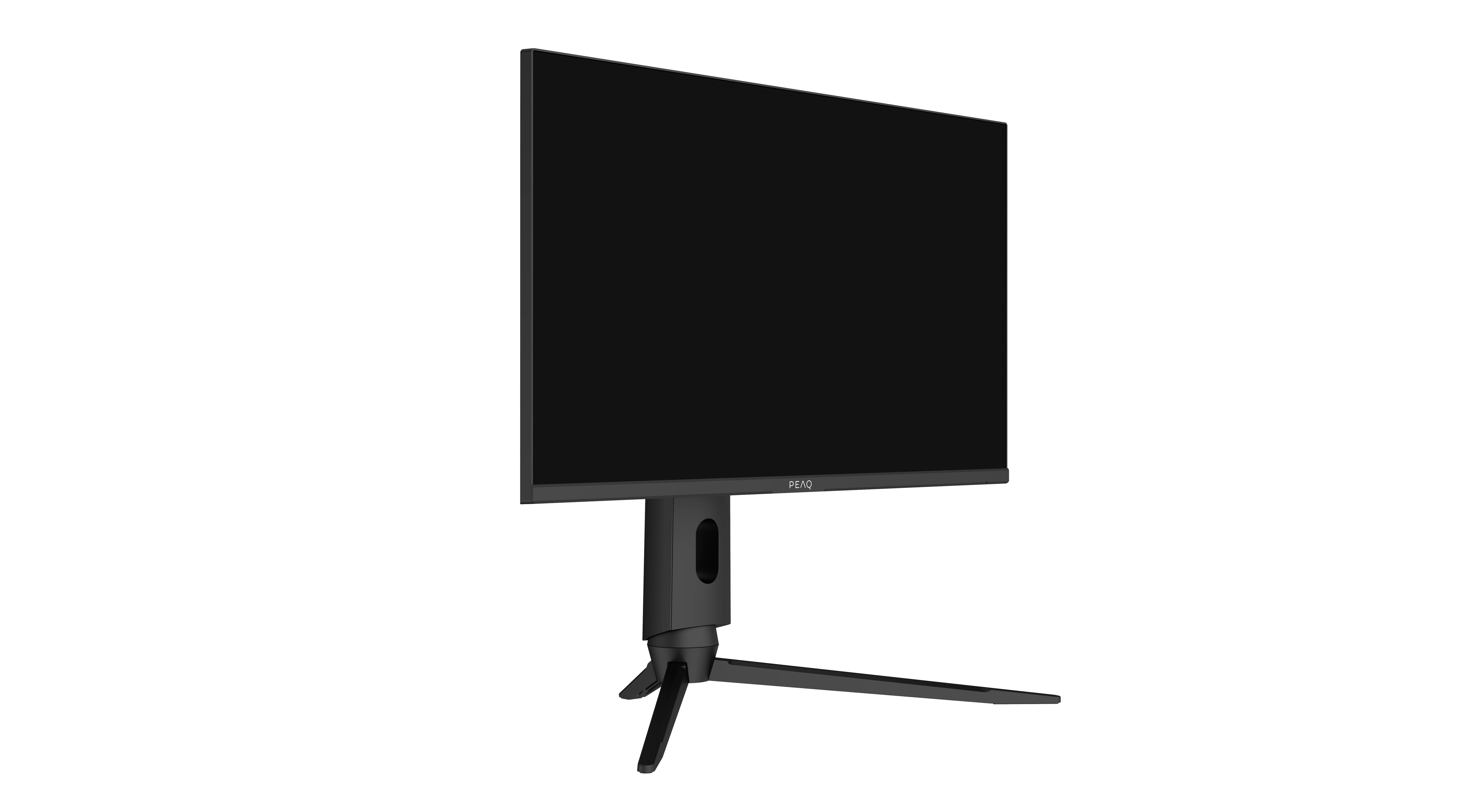 Ein schwarzer Computermonitor, abgewinkelt. Der Ständer ist auch schwarz, auf schwarzem Hintergrund.