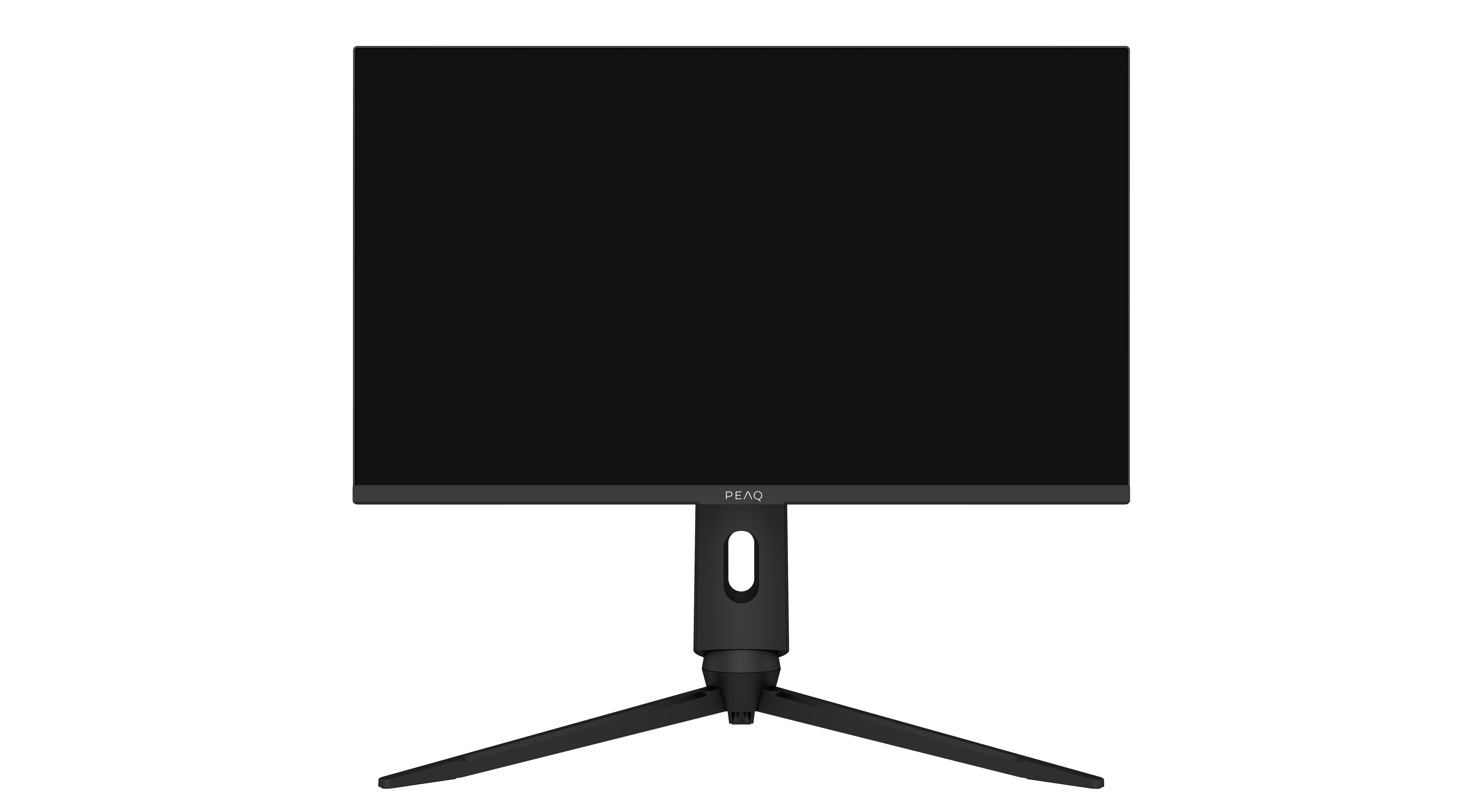 Schwarzer Computermonitor auf einem Ständer mit Beinen, PEAQ-Logo, schwarzer Hintergrund.