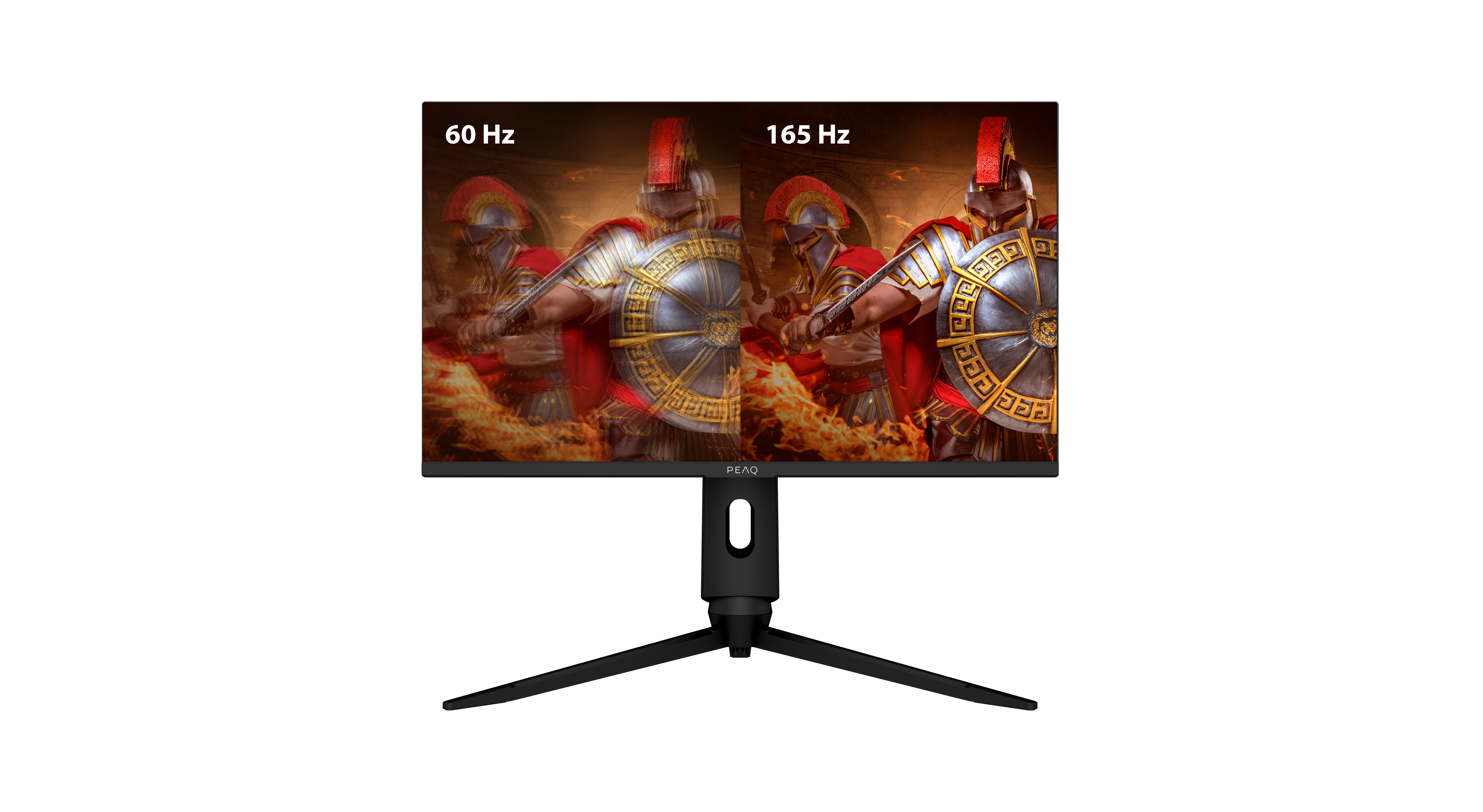 Monitor zeigt Vergleich von 60 Hz und 165 Hz Bildwiederholfrequenz, verschwommen vs. klares Bild von Soldaten.