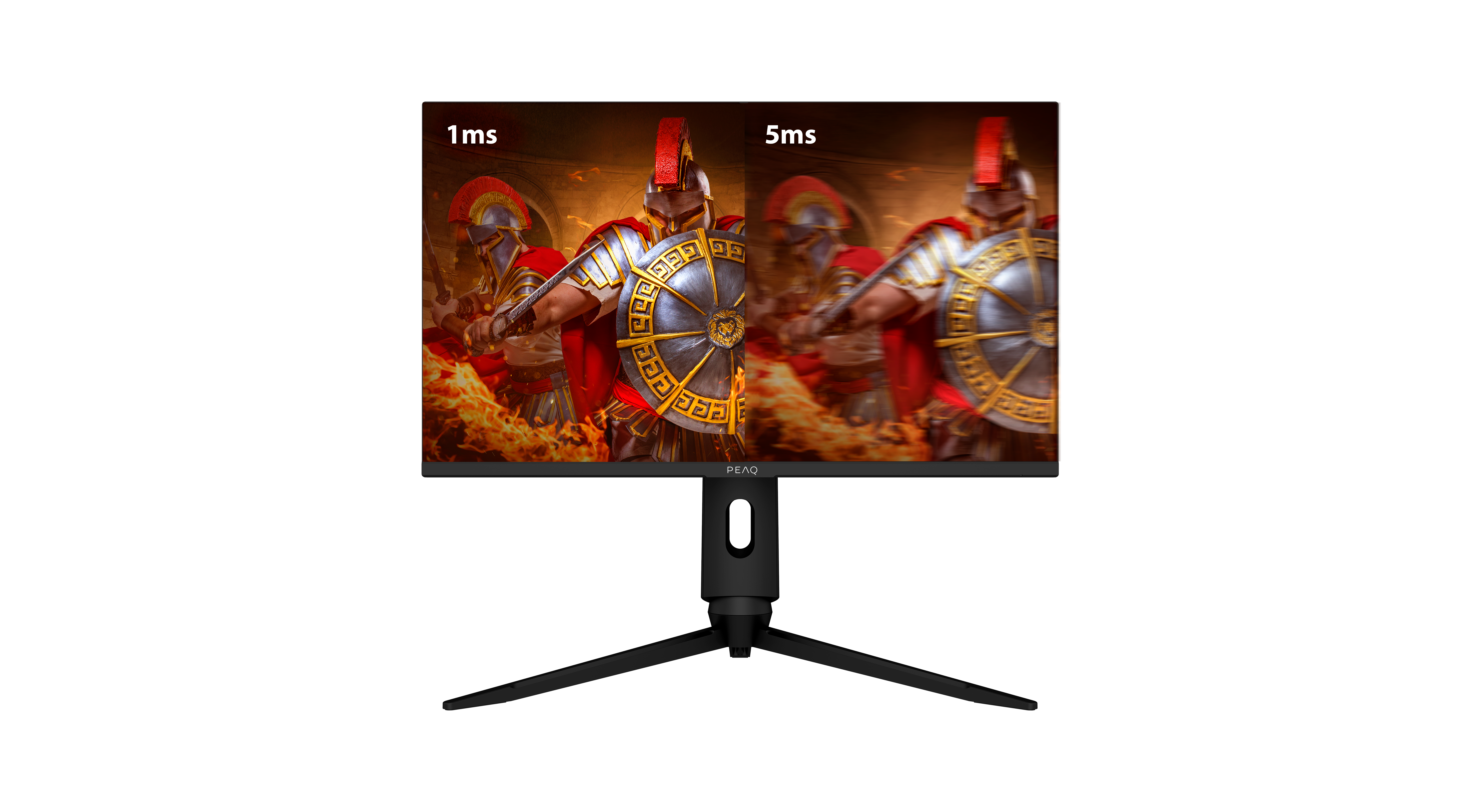 Ein Computermonitor zeigt eine Spielszene mit einem verschwommenen vs. klaren Bild.