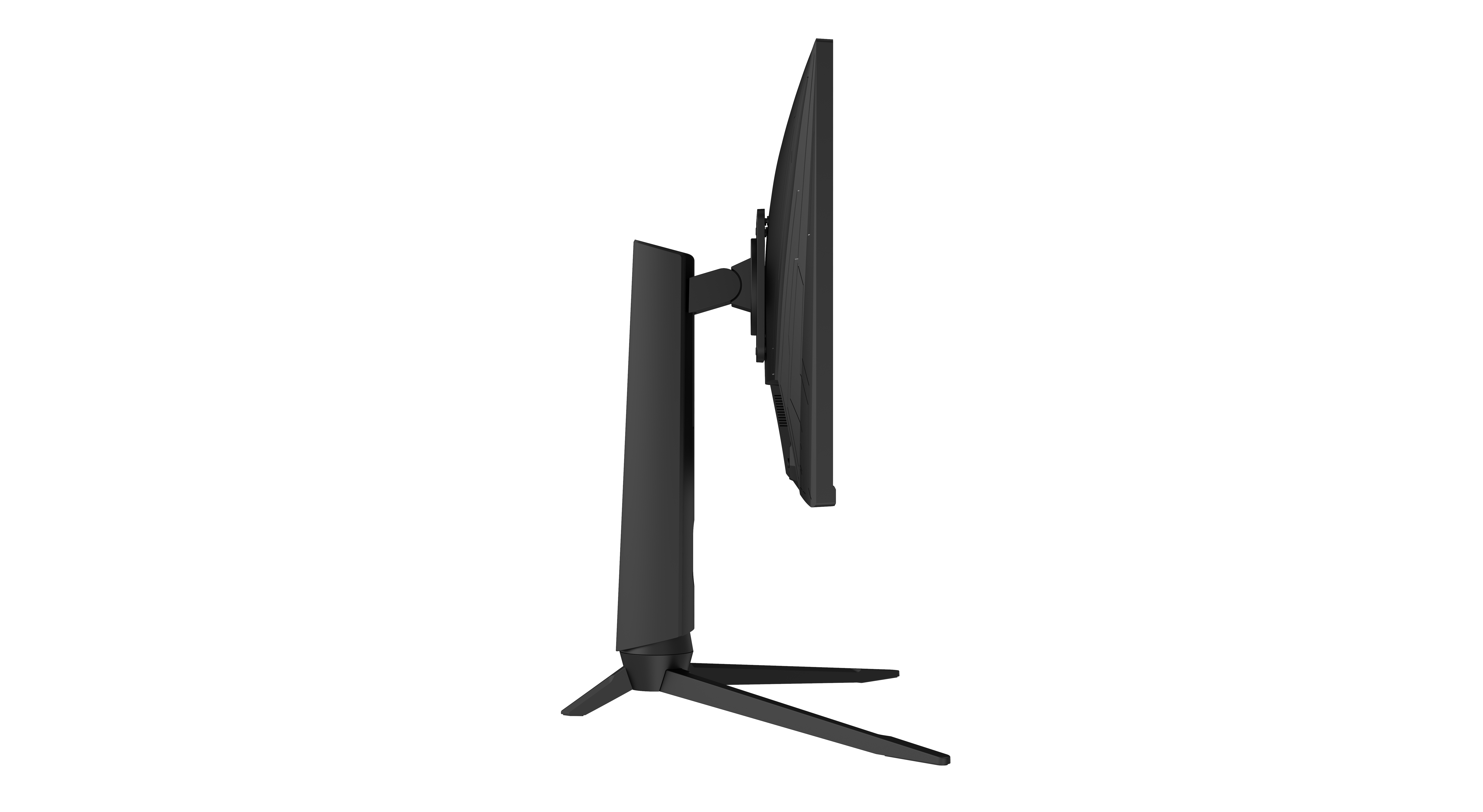 Seitenansicht eines schwarzen Computermonitors auf einem schwarzen Ständer vor schwarzem Hintergrund.