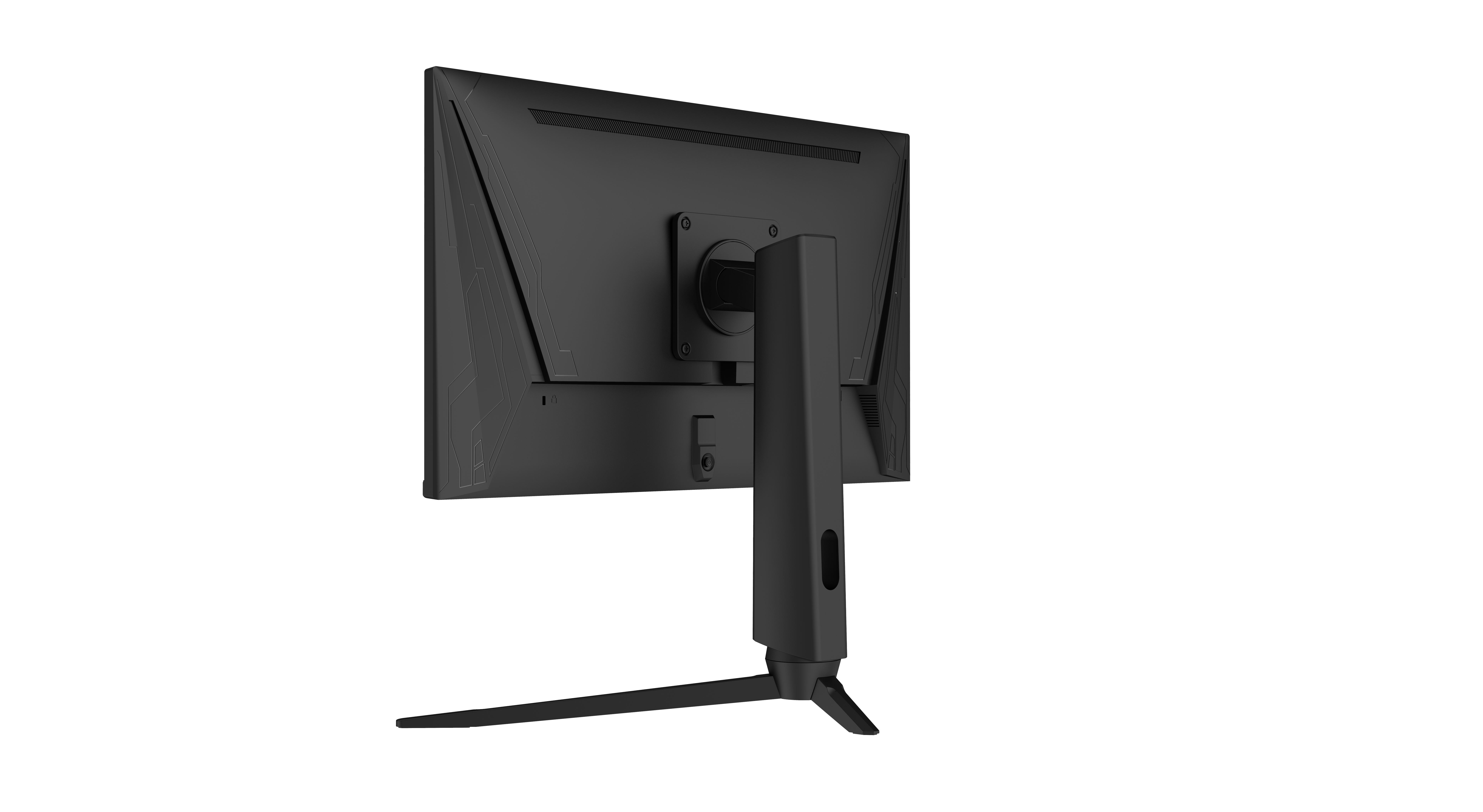 Rückseite eines schwarzen Computermonitors, mit Ständer und Designelementen, auf Schwarz.