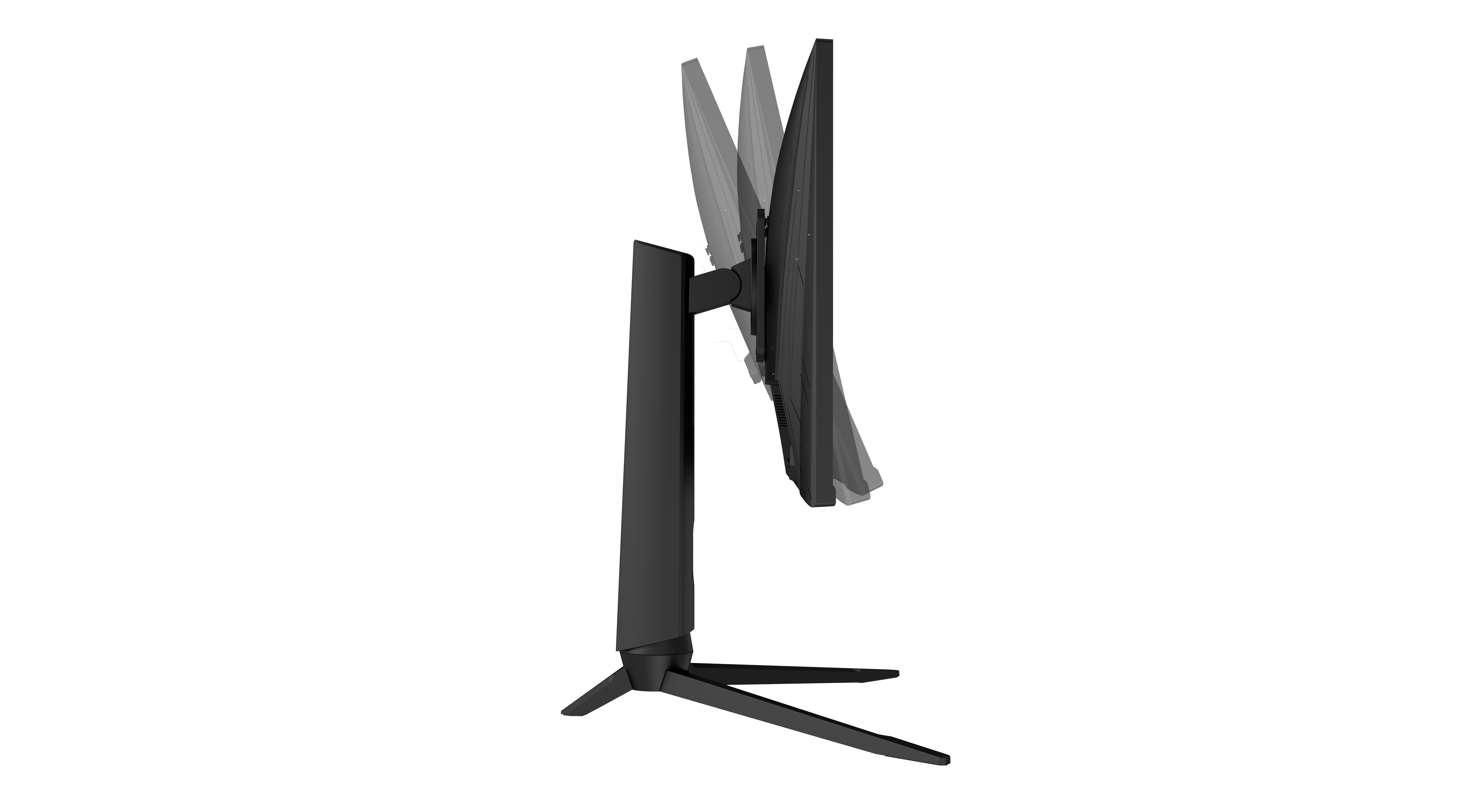 Seitenansicht eines schwarzen Computermonitors auf einem Ständer, vor schwarzem Hintergrund.