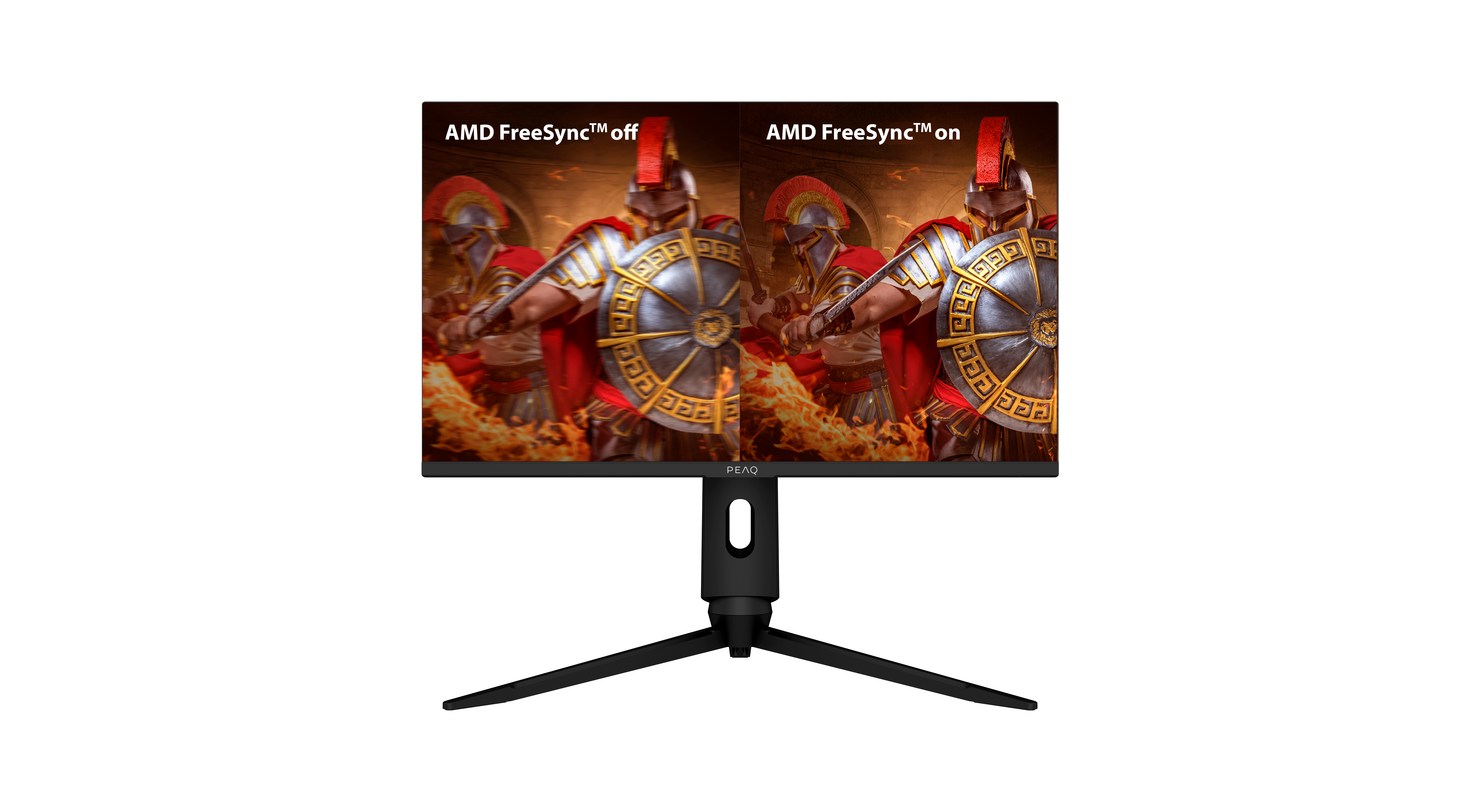 Ein Monitor mit zwei Bildern, die AMD FreeSync aus und ein vergleichen. Die Displays zeigen Krieger in der Schlacht mit Flammen.