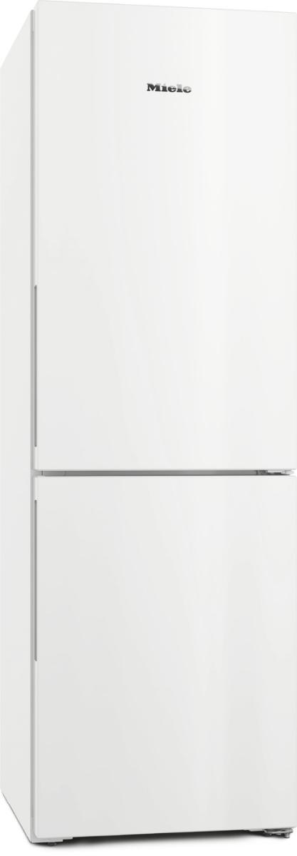 Weißer Miele-Kühlschrank. Er hat zwei Türen. Das Logo befindet sich oben. Er steht auf einer weißen Oberfläche.